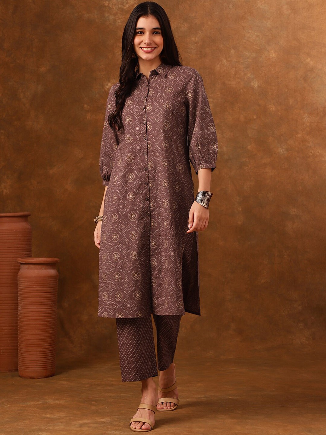 

Anouk Ethnic Motifs Printed Shirt Collar Pure Cotton Kurta with Trousers, Brown