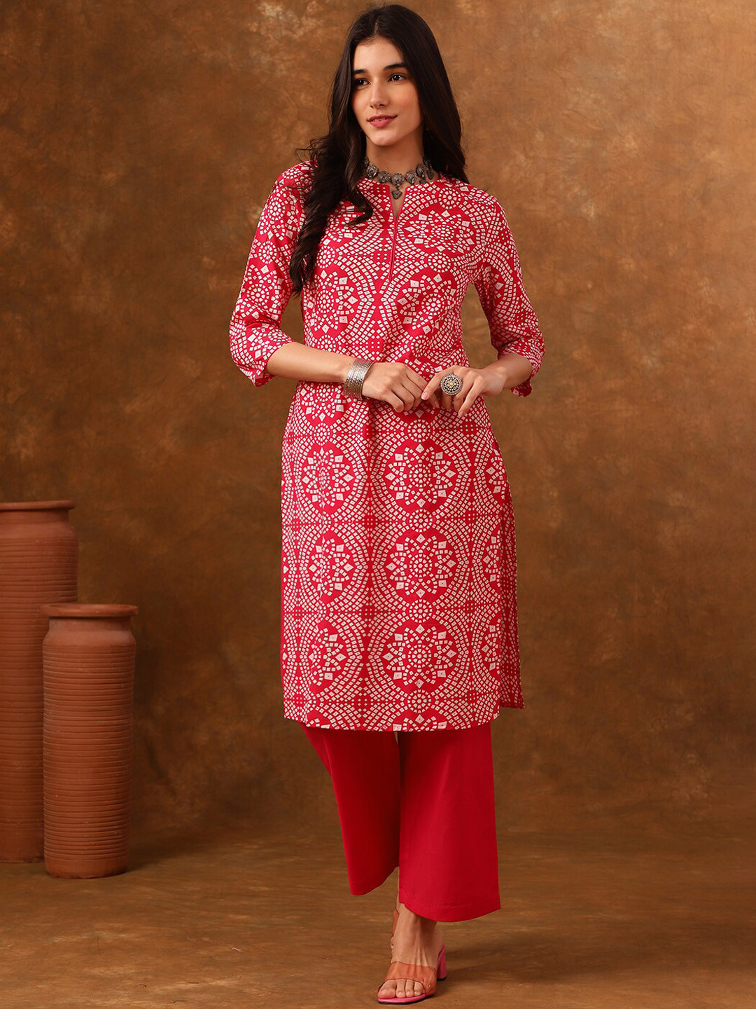 

Anouk Bandhani Printed Regular Pure Cotton Kurta With Palazzos, Pink