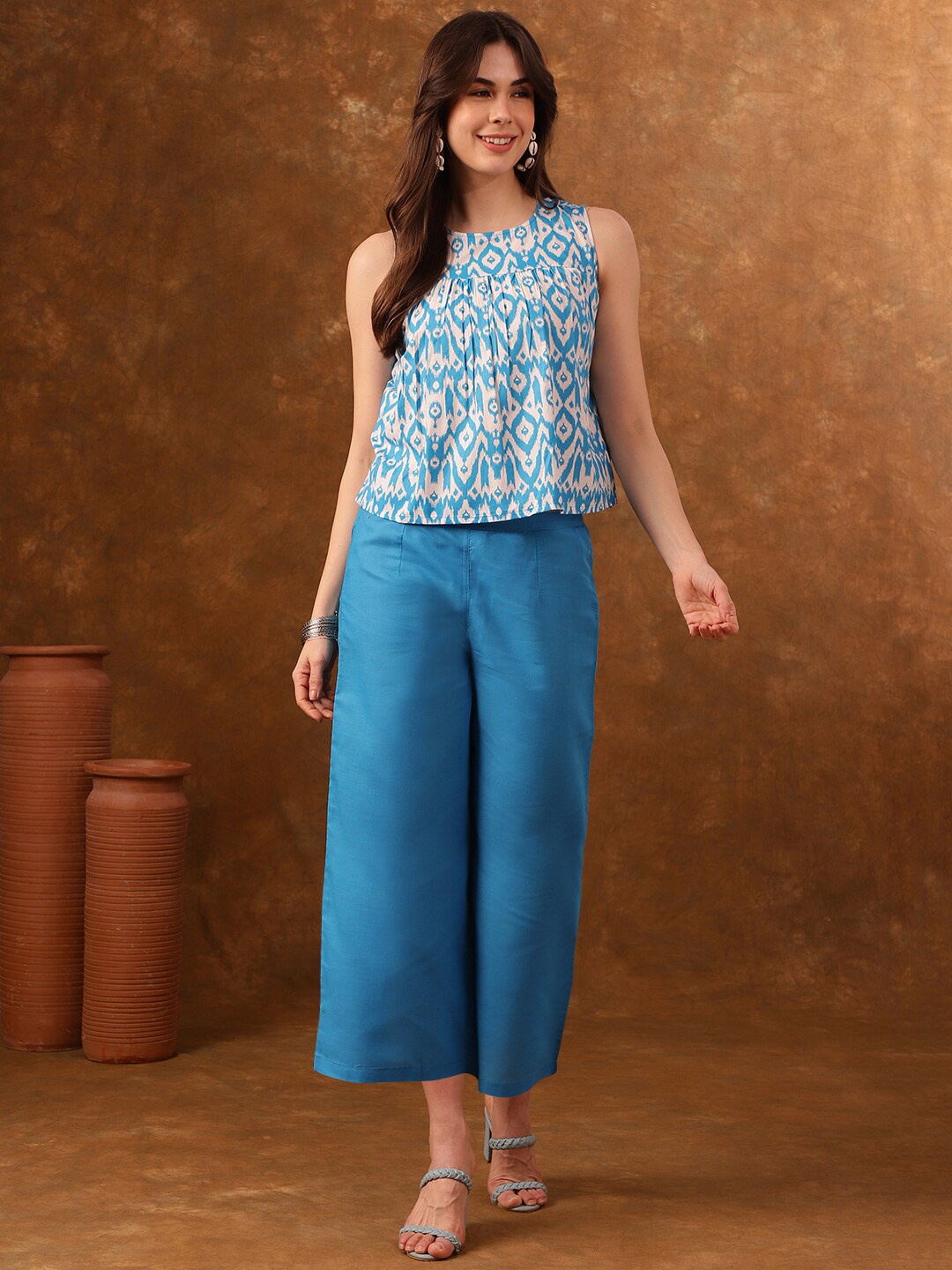 

Anouk Printed Pure Cotton Crop Top With Trousers, Blue