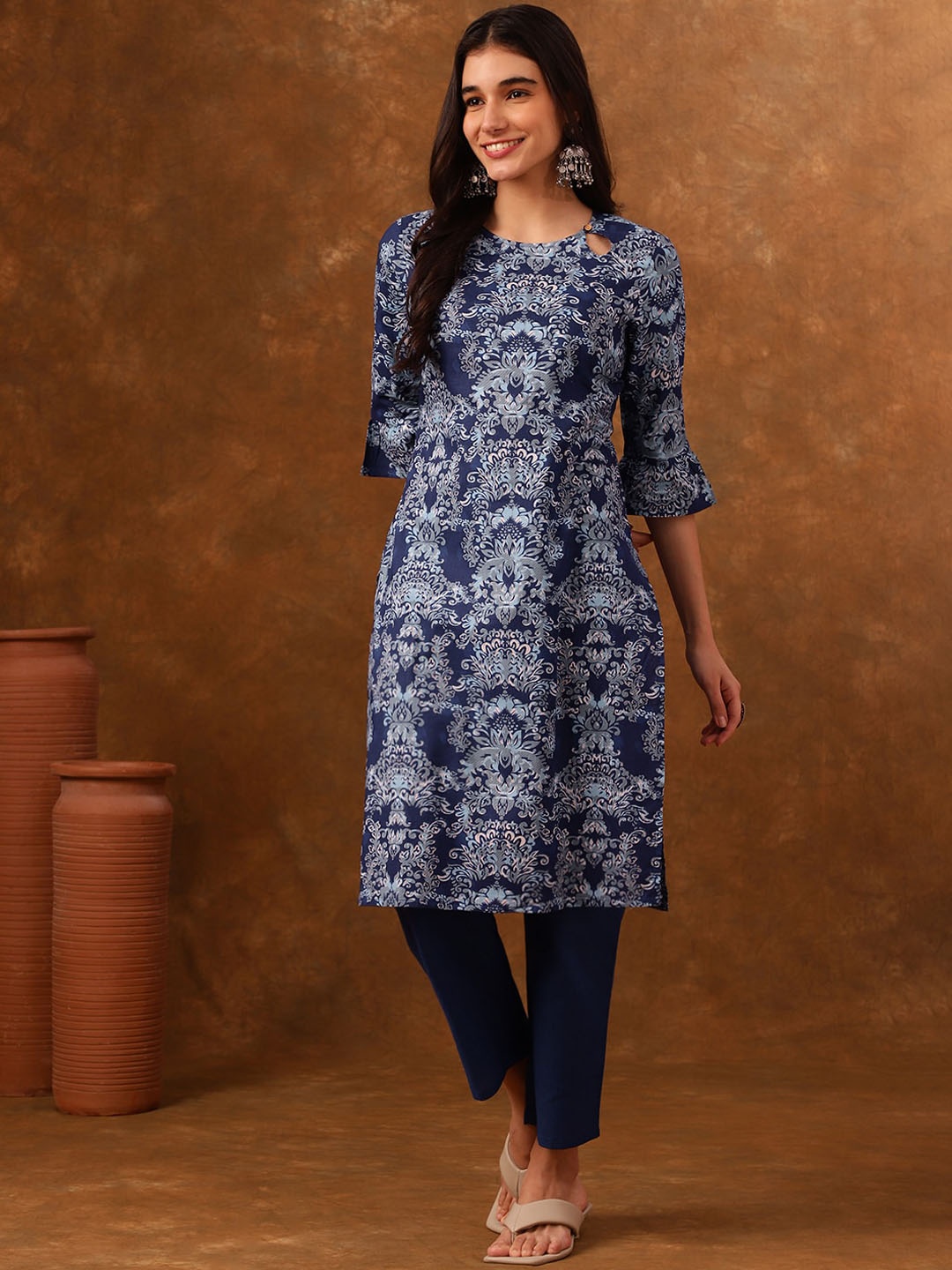 

Anouk Ethnic Motifs Printed Regular Pure Cotton Kurta With Trousers, Blue