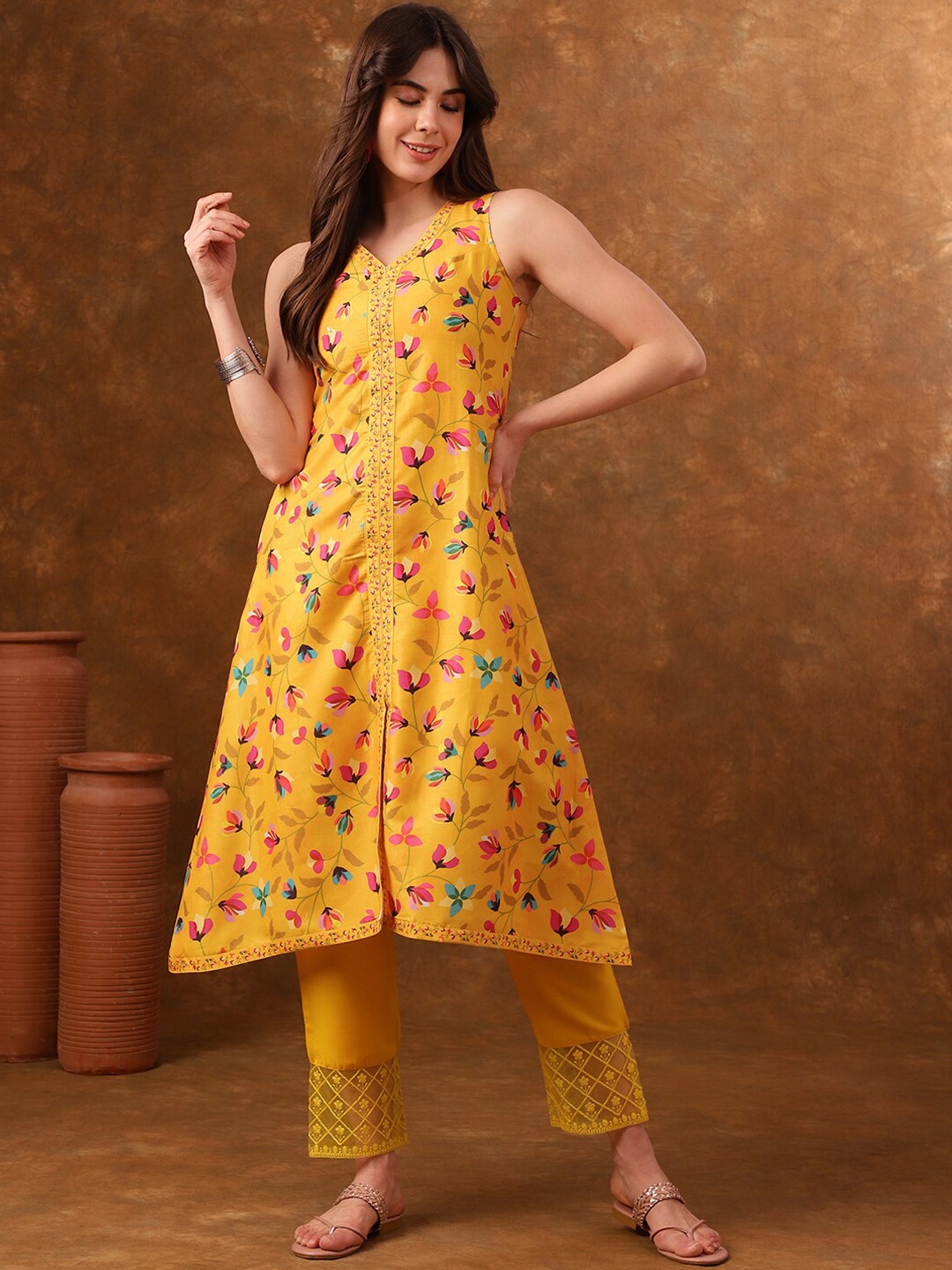 

Anouk Floral Printed Regular A-Line Kurta With Trousers, Mustard