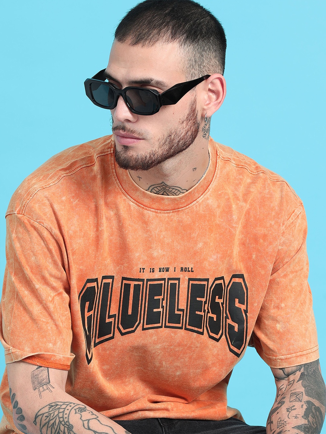 

recast Oversized Typography Printed V-Neck Bio Finish Cotton T-shirt, Orange