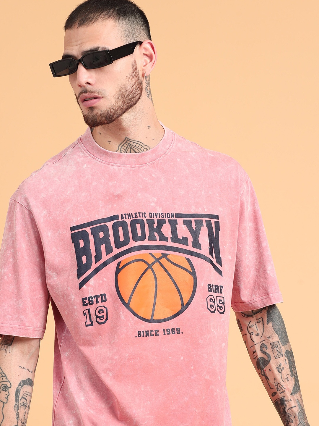 

recast Typography Printed Acid Wash Pure Cotton Longline Oversized T-shirt, Pink