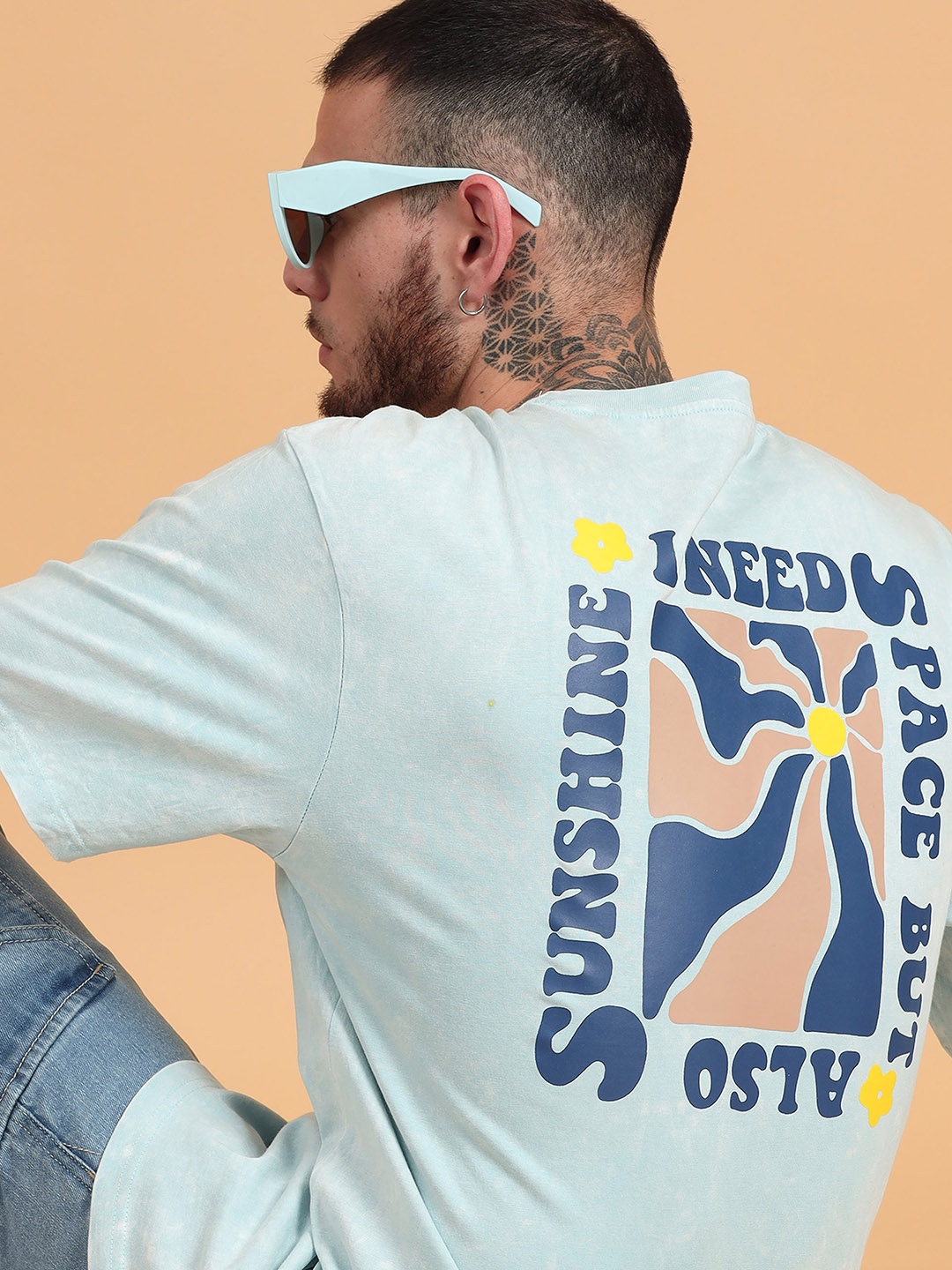 

recast Oversized Typography Printed Bio Finish Raw Edge T-shirt, Blue