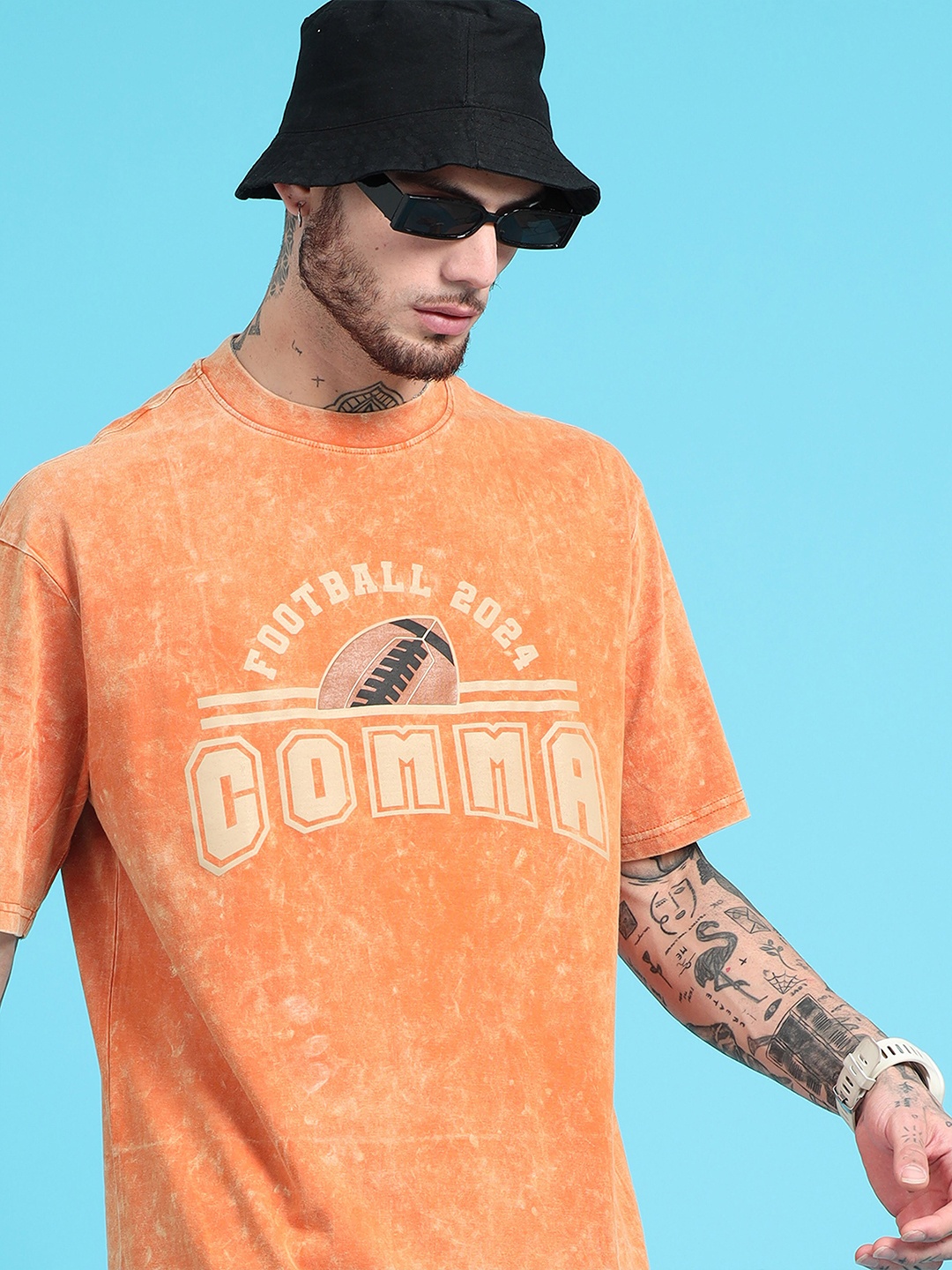 

recast Oversized Typography Printed Hooded Bio Finish Applique T-shirt, Orange