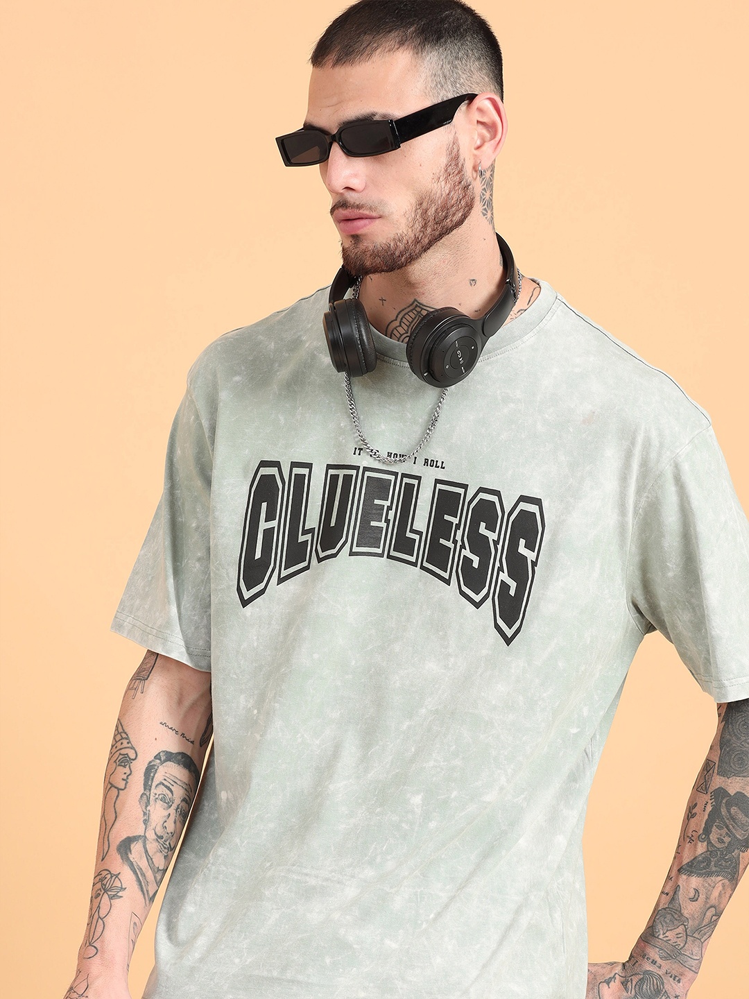 

recast Typography Printed Acid Wash Pure Cotton Longline Oversized T-shirt, Green