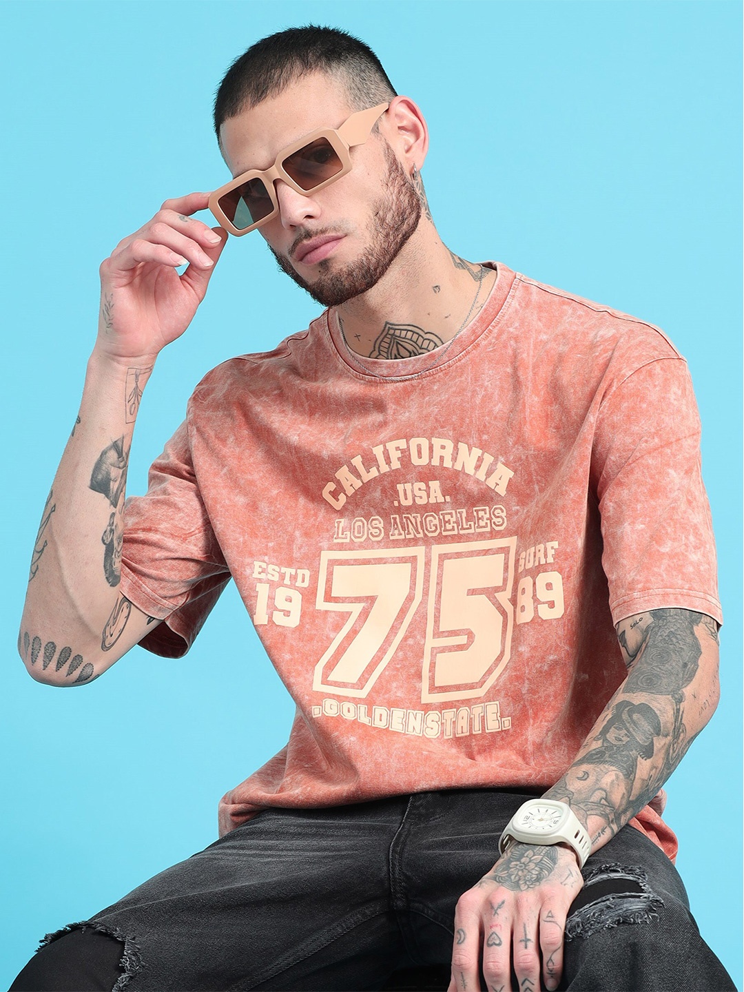 

recast Oversized Printed Round Neck Bio Finish Cotton T-shirt, Brown