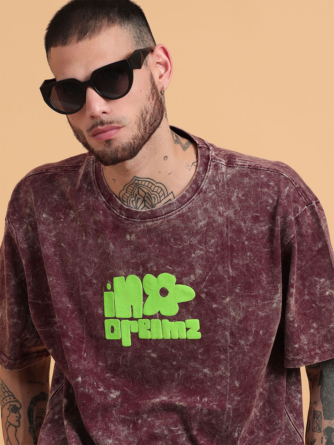 

recast Oversized Printed V-Neck Bio Finish Cotton T-shirt, Maroon