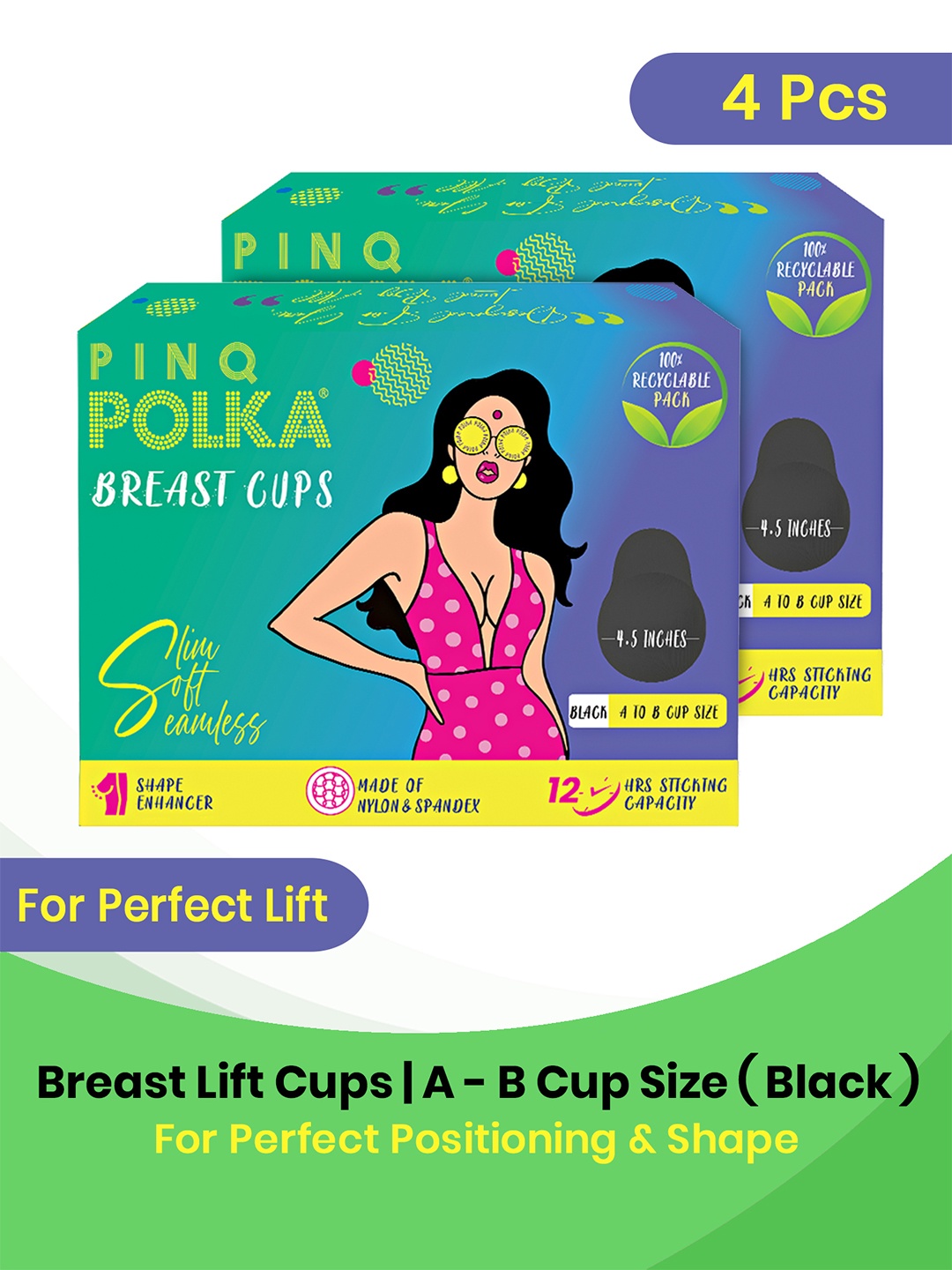 

PINQ 4 Pcs Black Reusable Lift Cup A-B Stick On Boob Pasties Body Tape