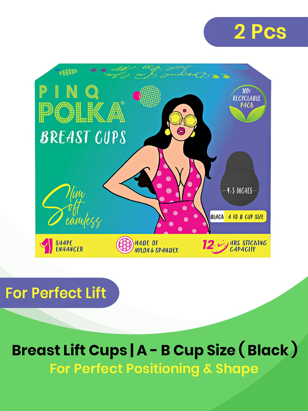 

PINQ 2 Pcs Reusable Breast Lift Cup Invisible Body A-B Stick On Bra Tape Pasties, Black