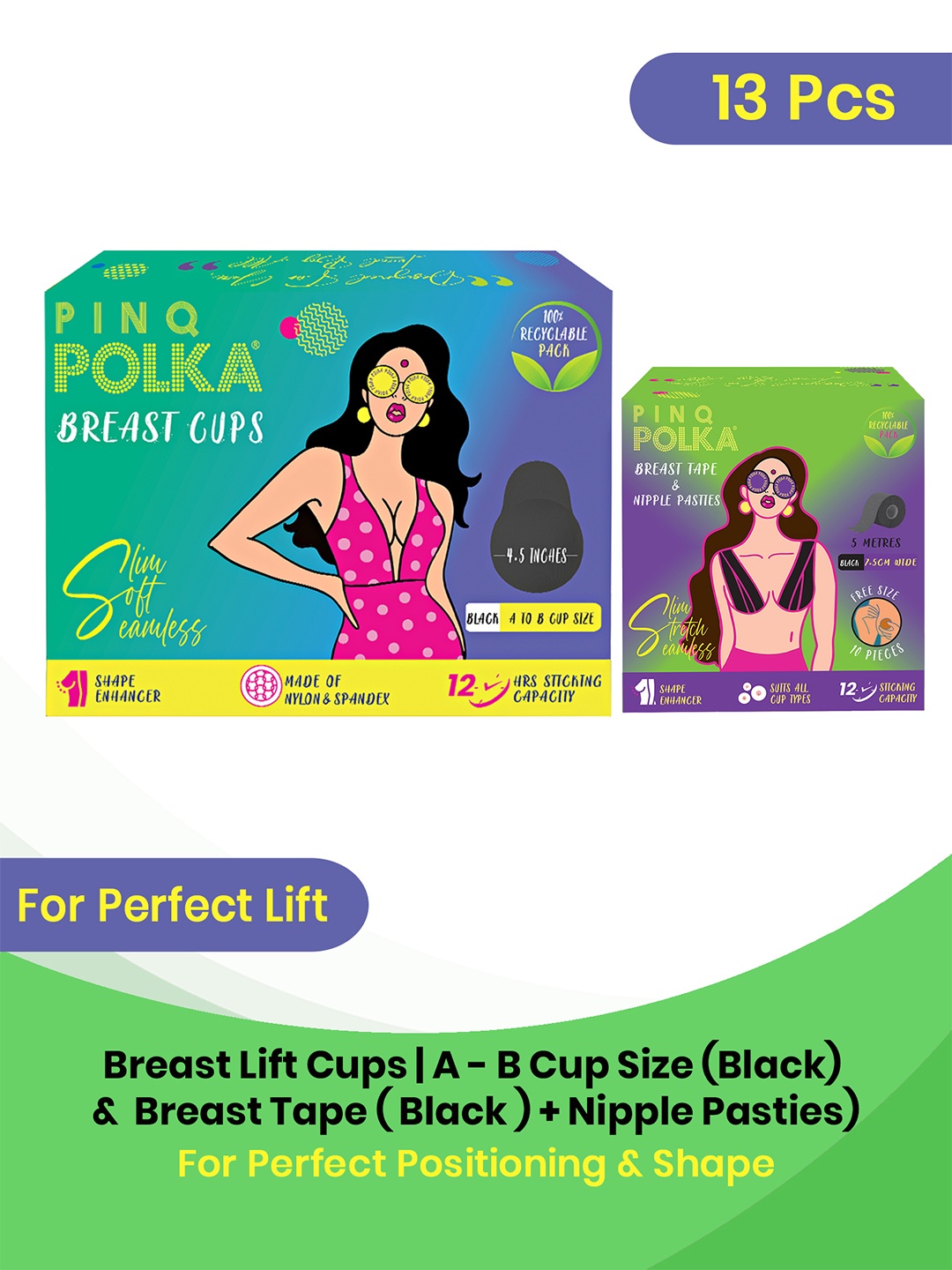 

PINQ POLKA Set of 3 Reusable Breast Cups with Breast Lift Tape Stick on A-B Cups, Black