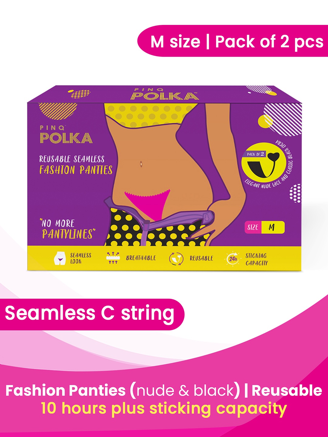 

PINQ POLKA Set of 2 Premium Reusable Fashion C-String Spandex M Stick-On, Black