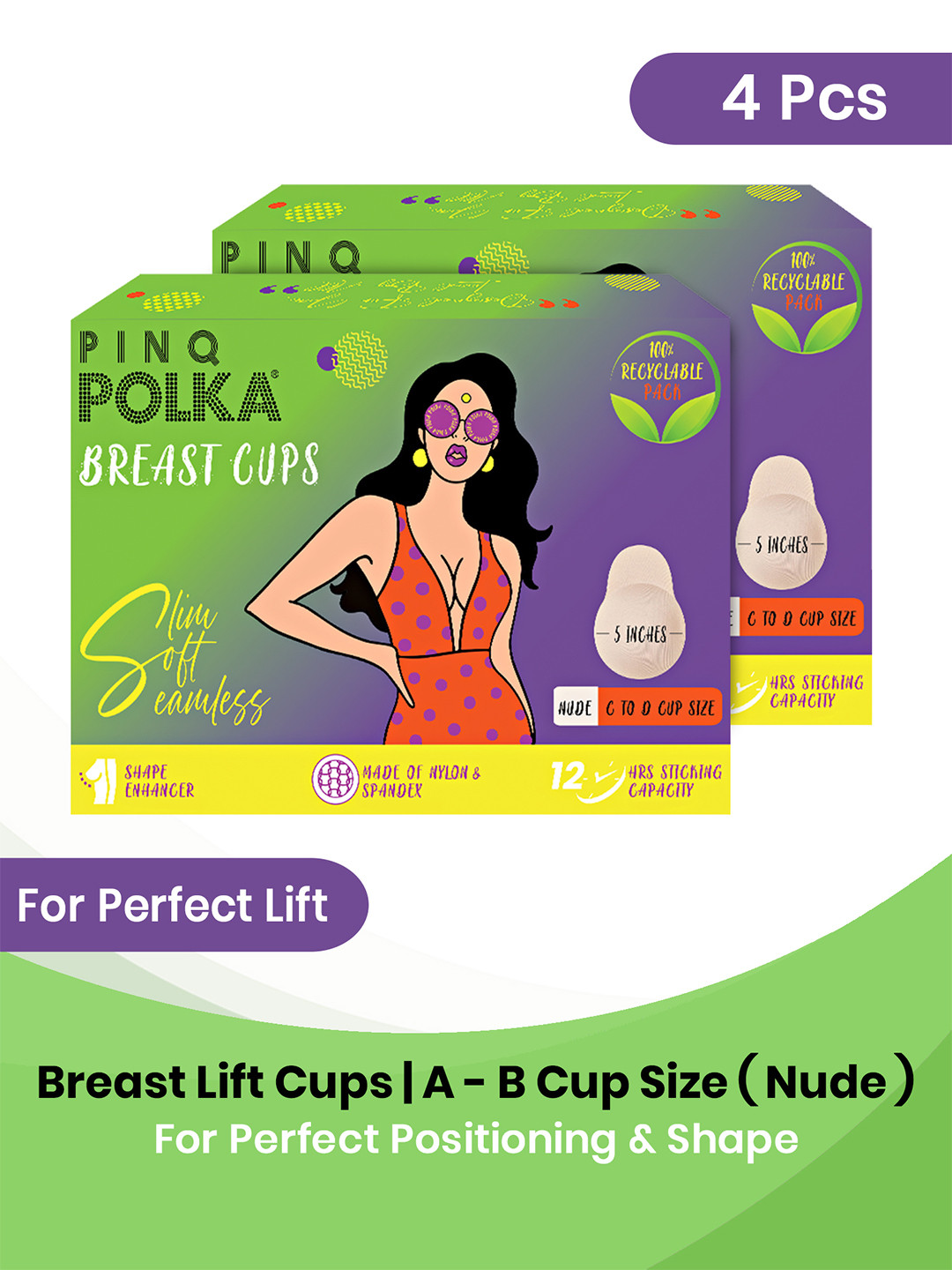 

PINQ 4 Pcs Nude Reusable Breast Lift Cup Invisible Stick On Body Tape Bra Pasties
