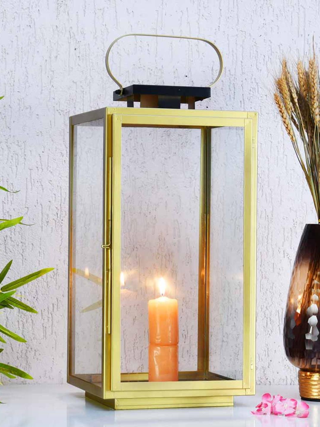 Athome by Nilkamal Gold Metal & Glass Lantern Candle Holders