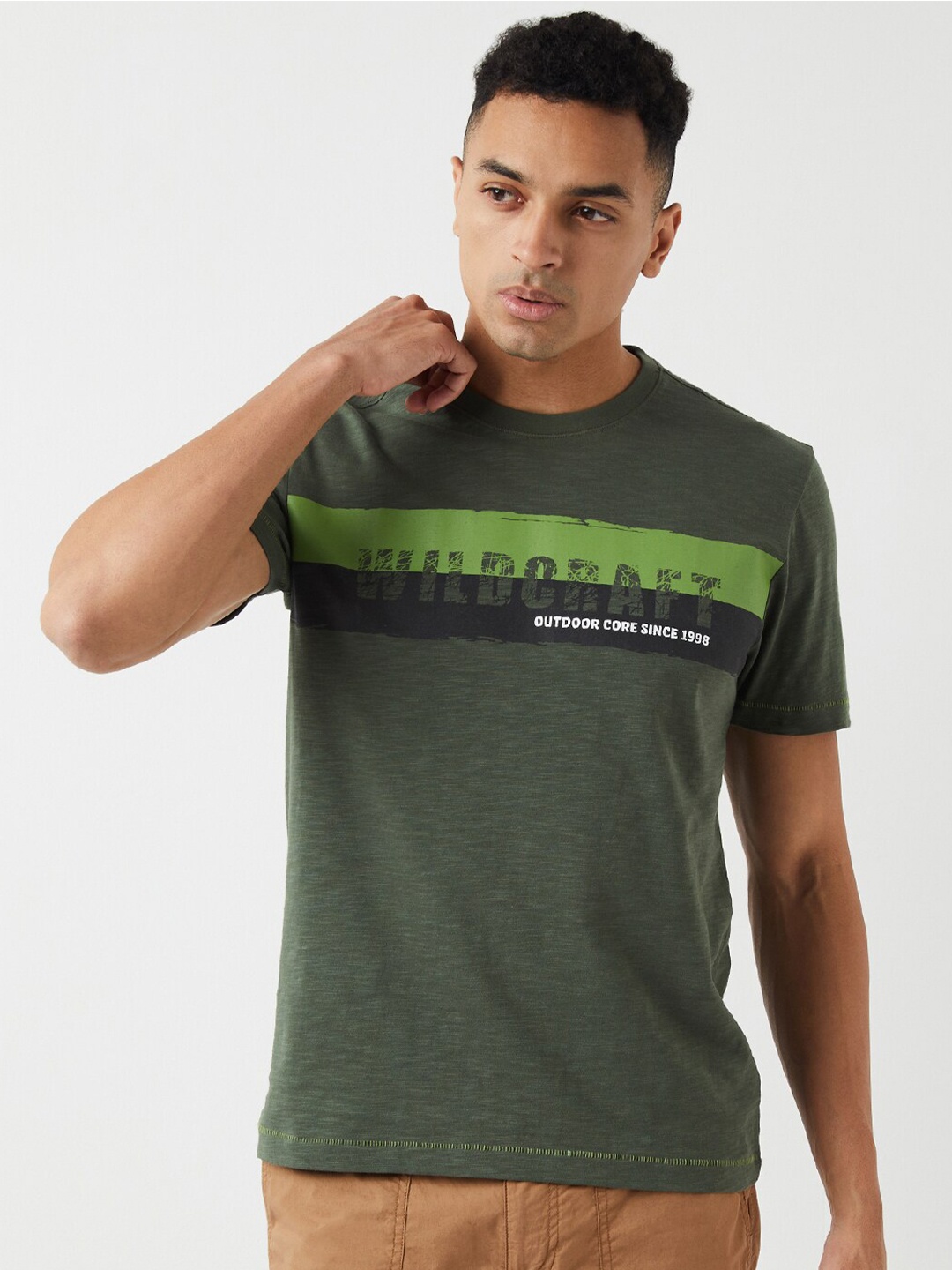 

Wildcraft Typography Printed Round Neck Short Sleeves Anti Odour T-shirt, Olive