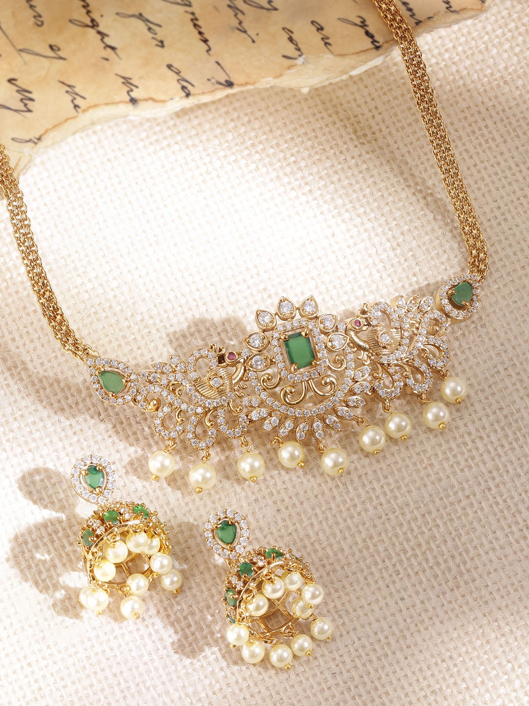 

Rubans Gold-Plated Cubic Zirconia & Emerald-Studded Pearl Beaded Choker Set