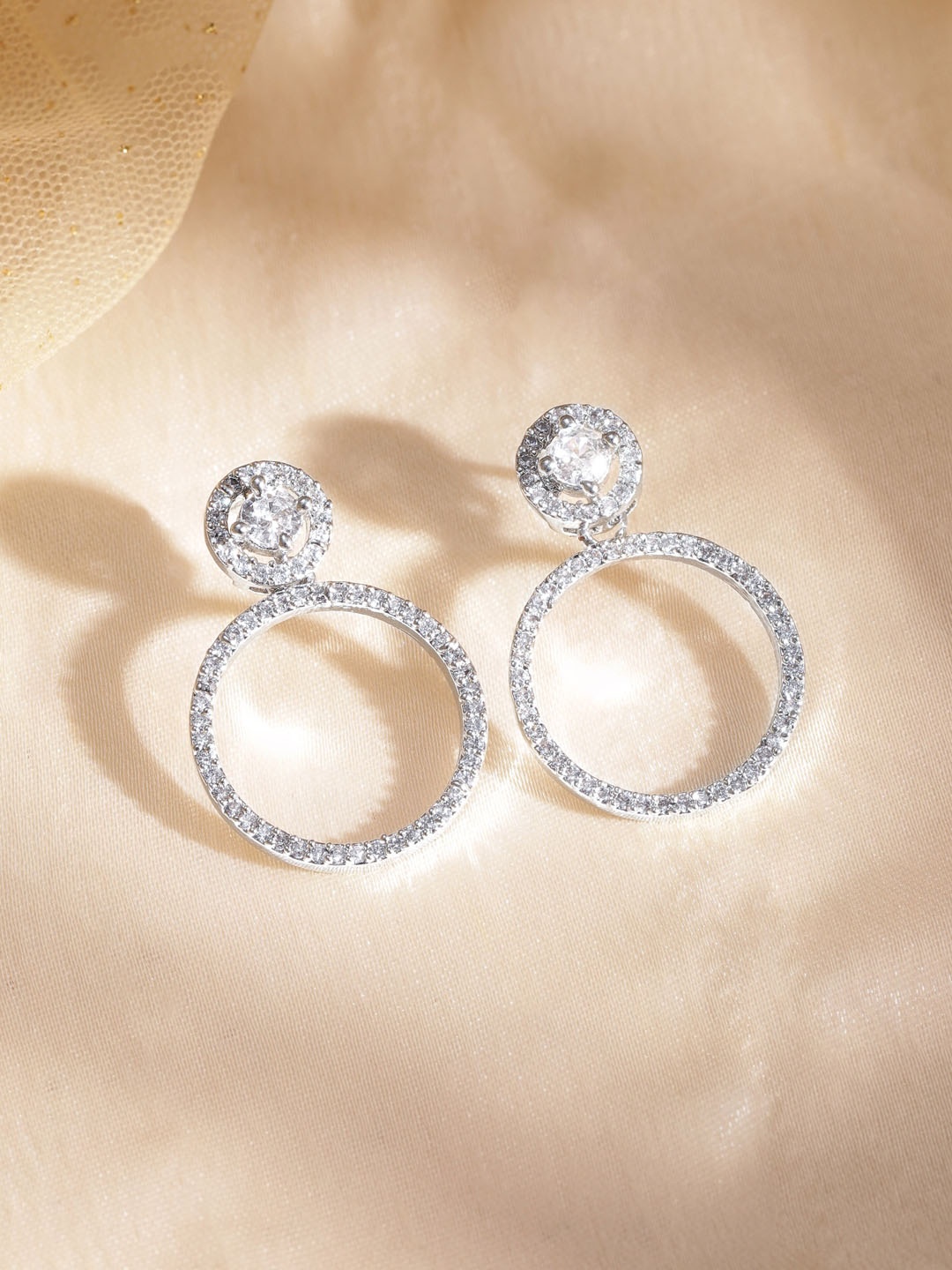 

Rubans Rhodium-Plated Zircon Studded Circular Drop Earrings, Silver