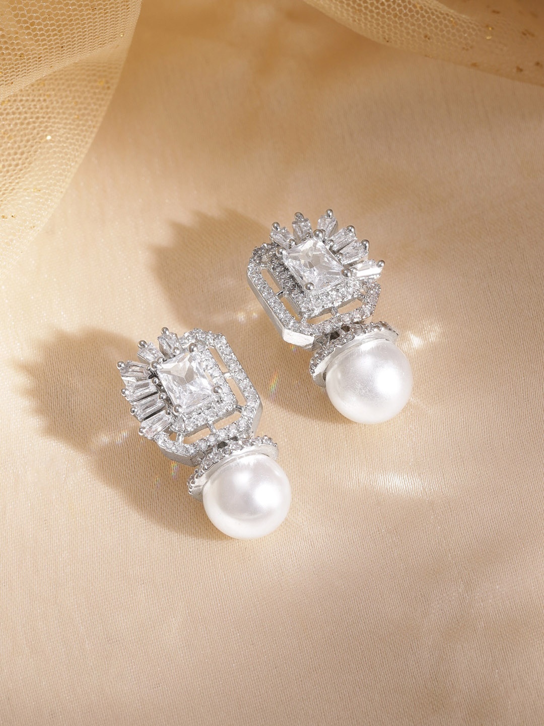 

Rubans Rhodium-Plated Zircon Studded Square Drop Earrings, Silver
