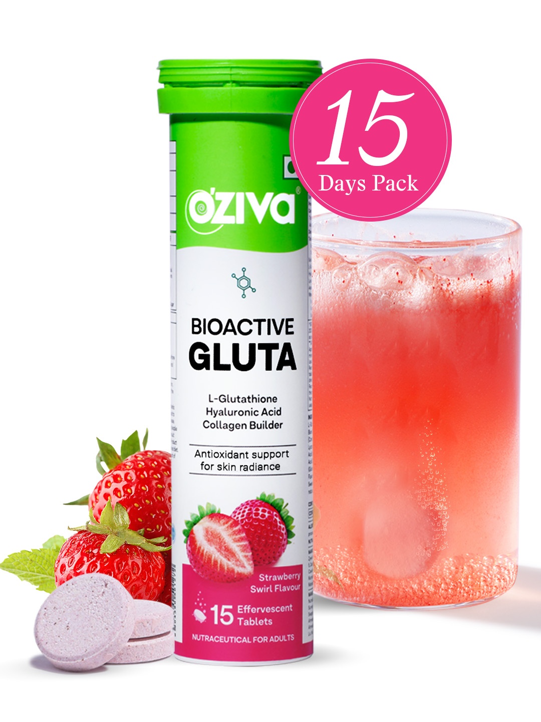 

OZiva Bioactive Gluta Fizzy Tablets For Skin Radiance - Strawberry Swirl - 15 Tablets, Green