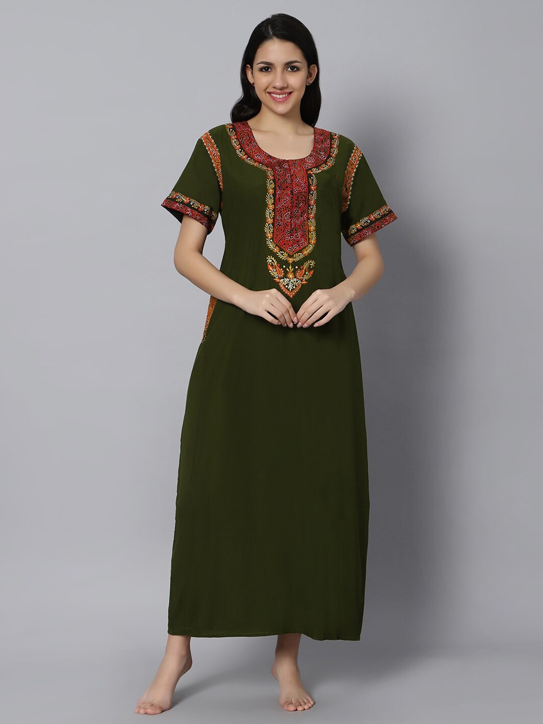 

QUIRA Floral Embroidered Maxi Nightdress, Green