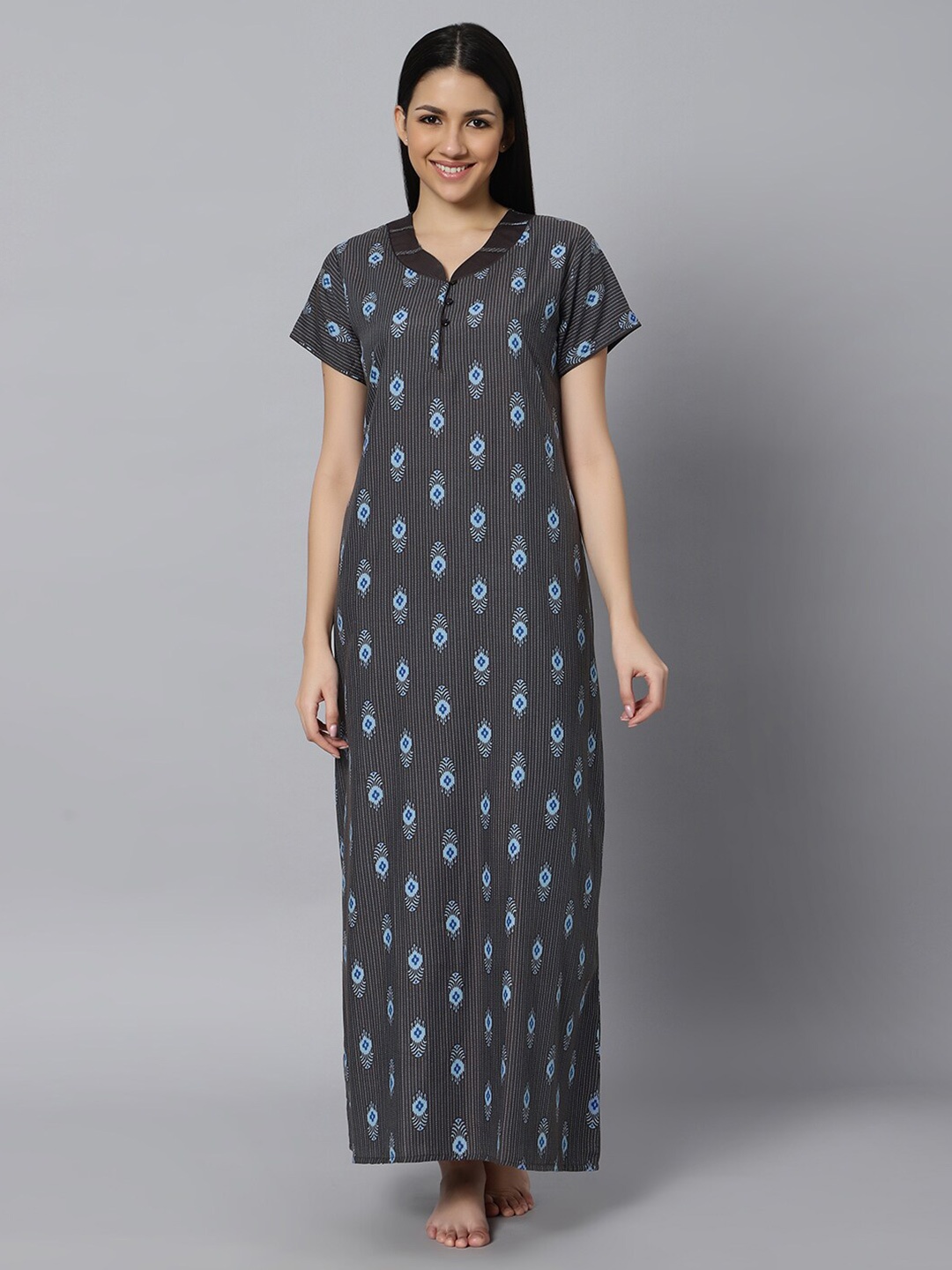 

QUIRA Ethnic Motifs Printed Maxi Nightdress, Grey