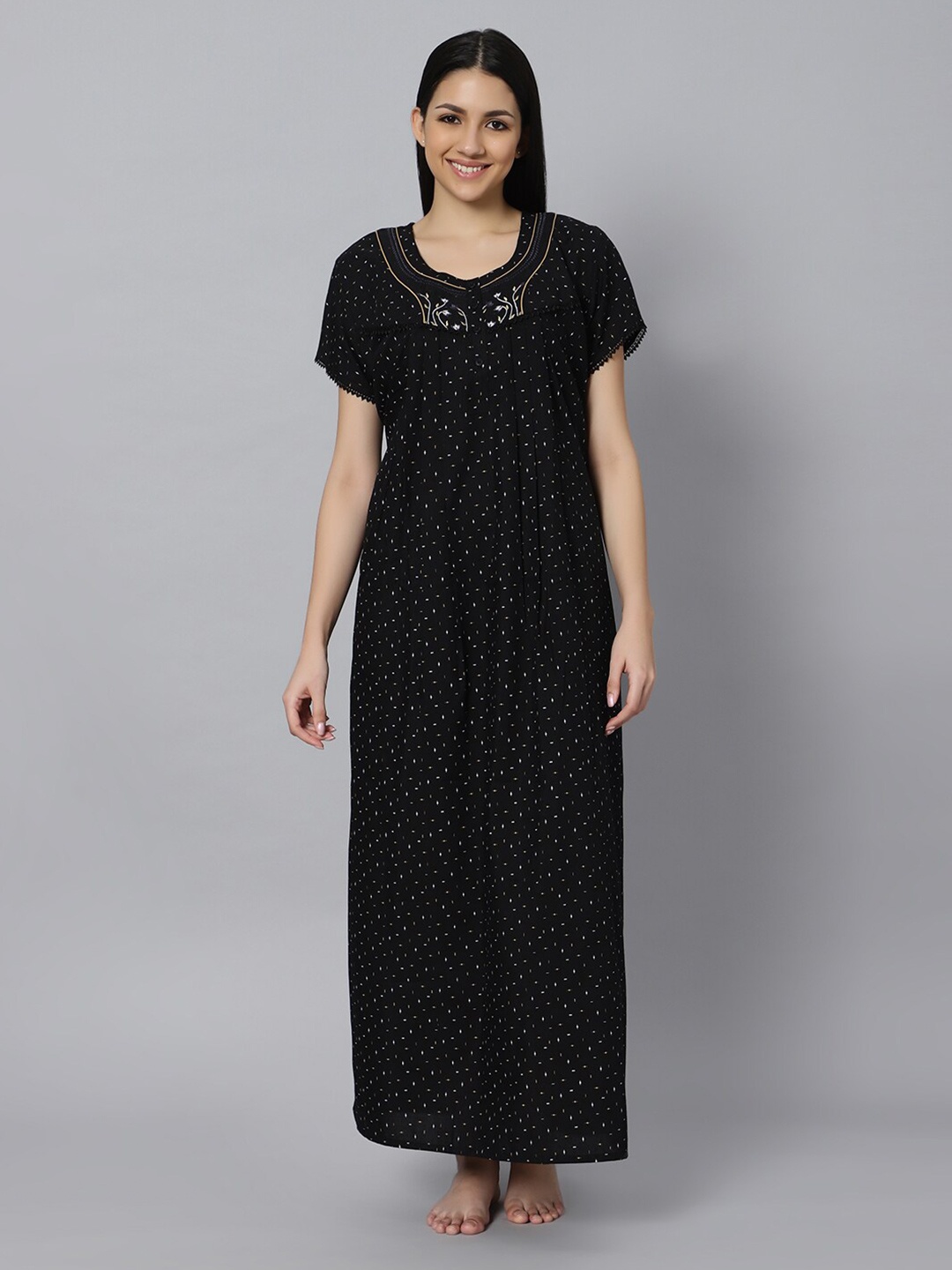 

QUIRA Abstract Printed & Embroidered Maxi Nightdress, Black