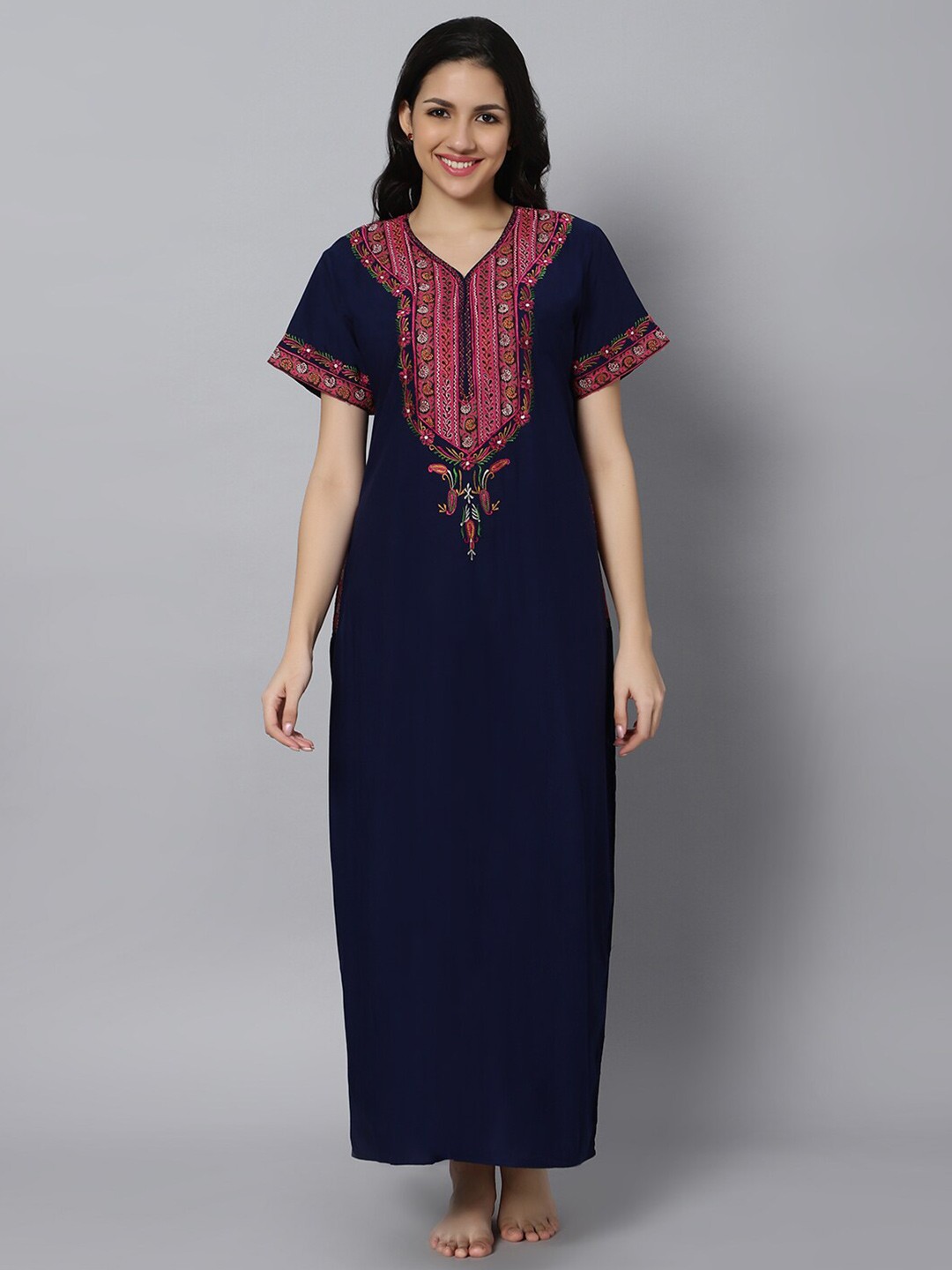 

QUIRA Floral Embroidered Maxi Nightdress, Navy blue