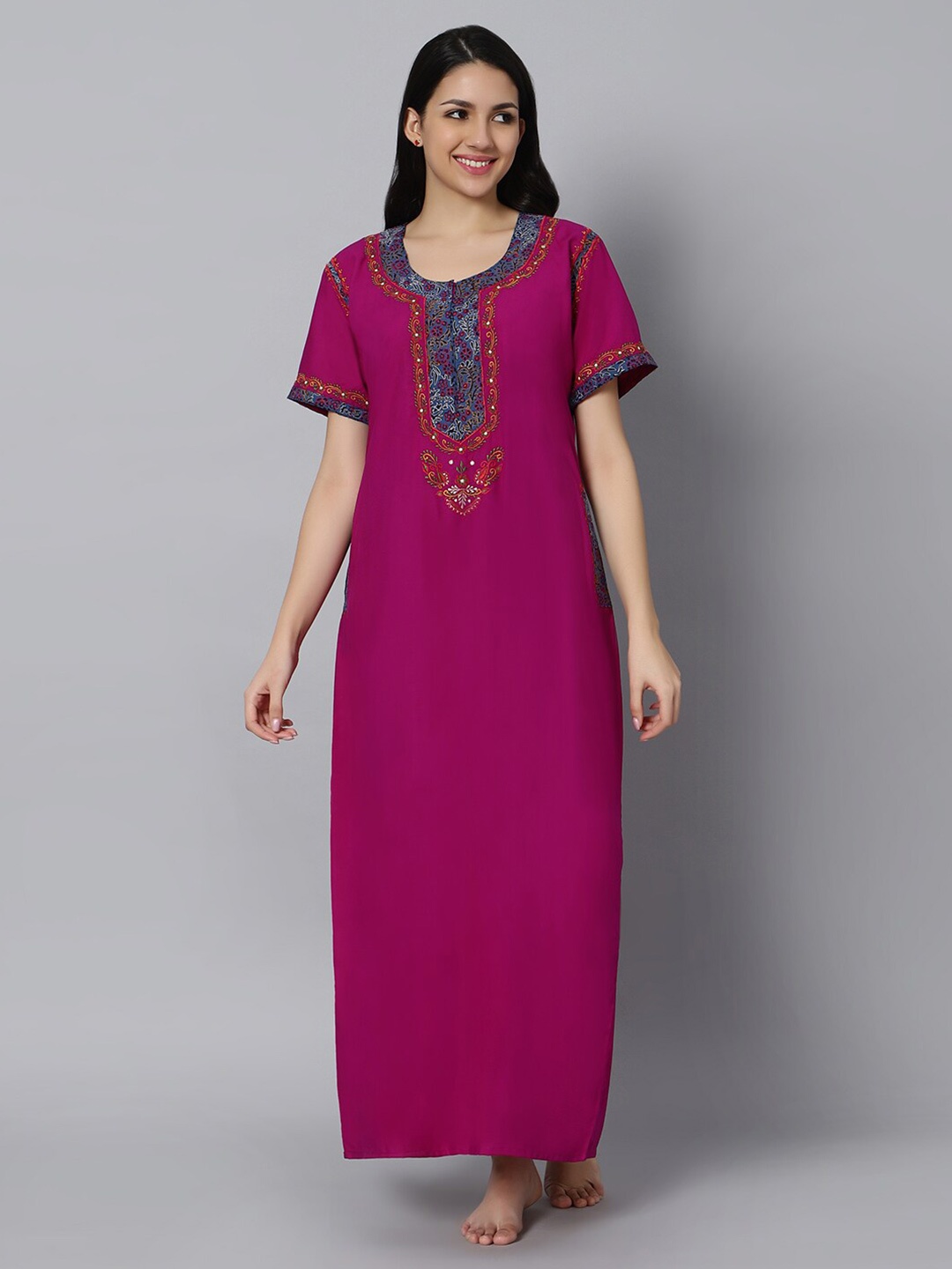 

QUIRA Floral Embroidered Maxi Nightdress, Magenta