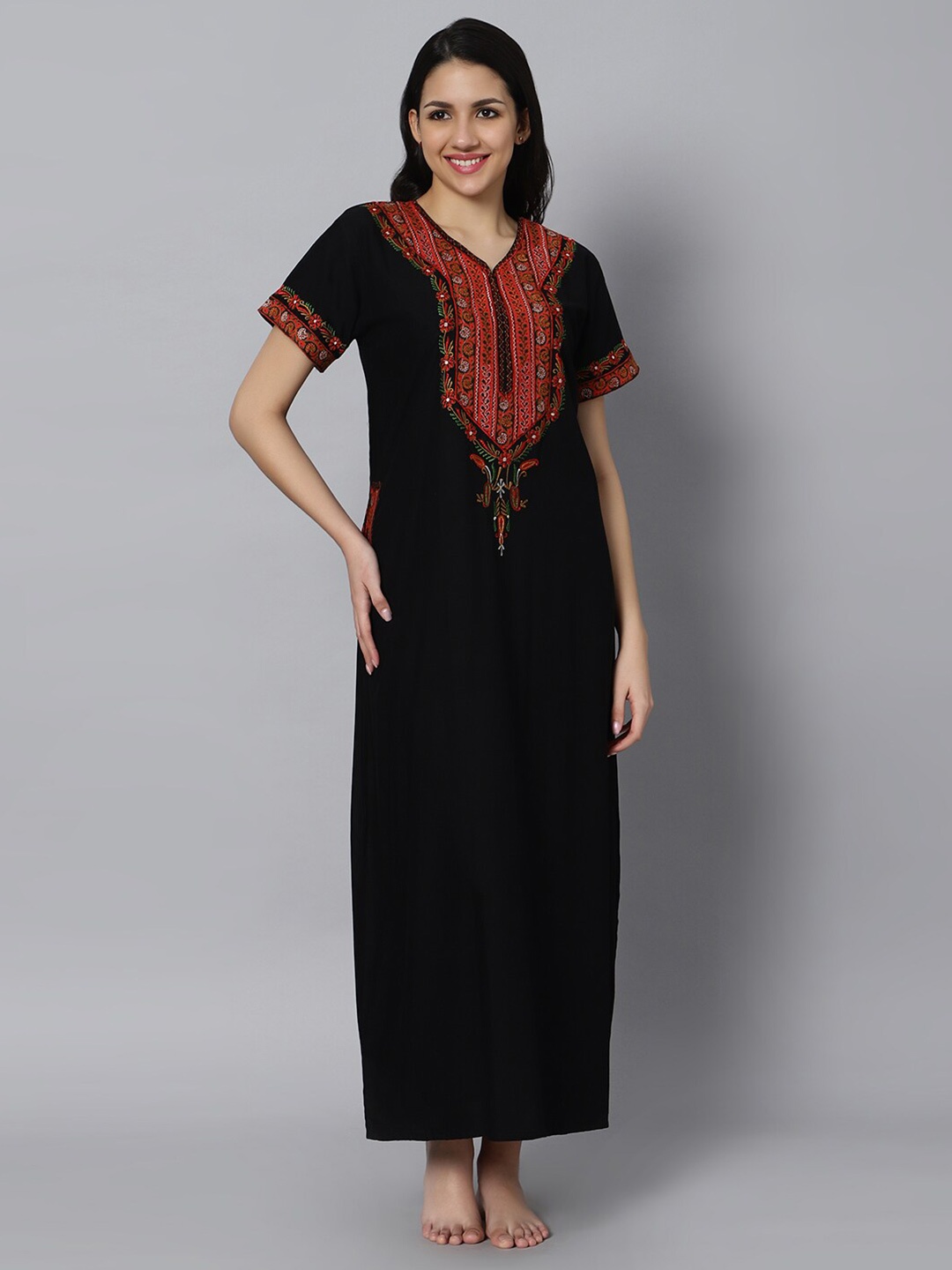 

QUIRA Floral Embroidered Maxi Nightdress, Black