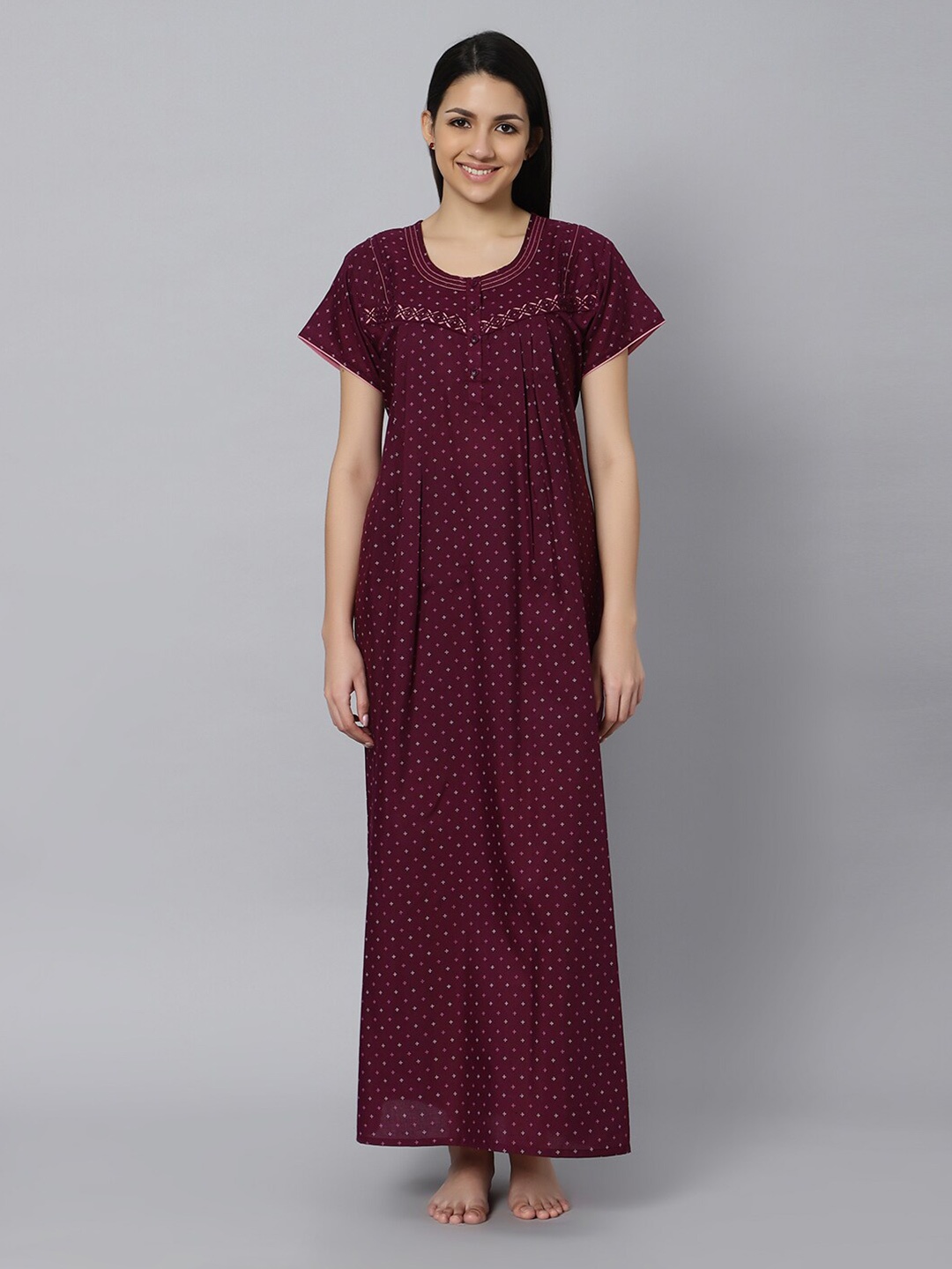 

QUIRA Ethnic Motifs Printed Maxi Nightdress, Maroon