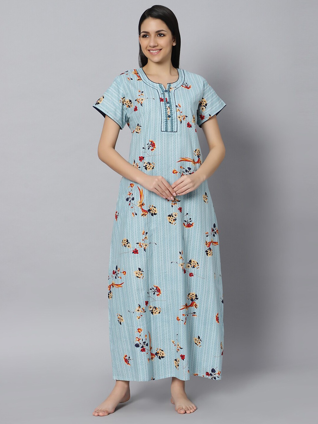 

QUIRA Floral Printed Lace Detail Maxi Nightdress, Blue