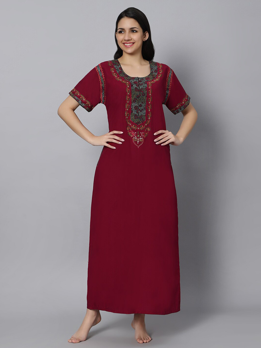 

QUIRA Ethnic Motifs Embroidered Maxi Nightdress, Maroon