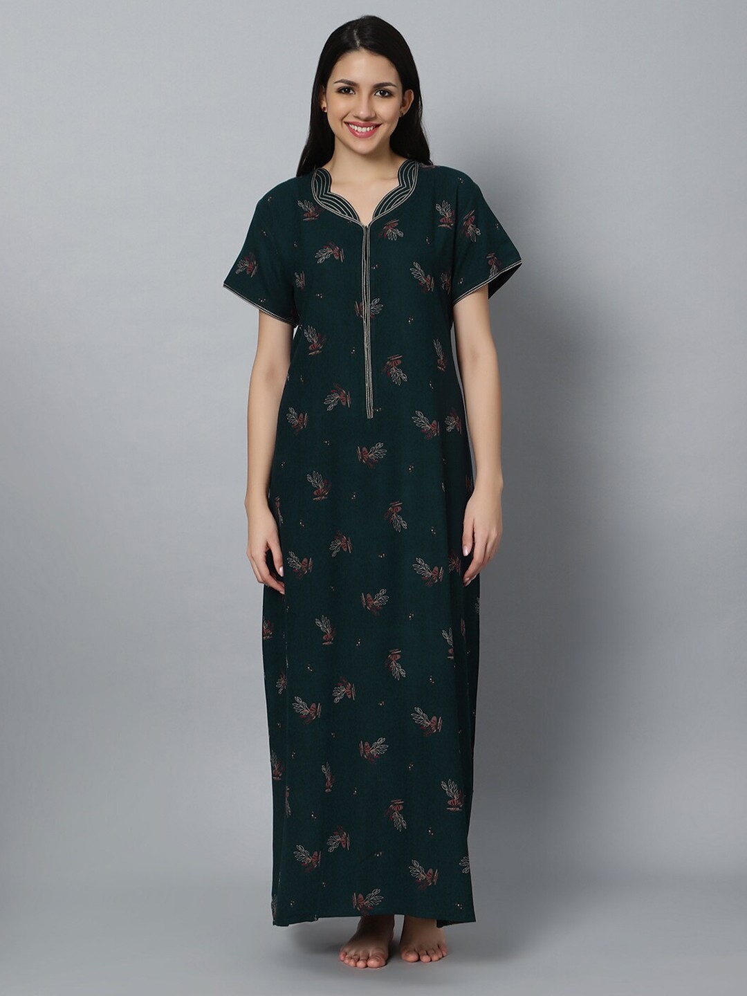 

QUIRA Floral Printed Maxi Nightdress, Green