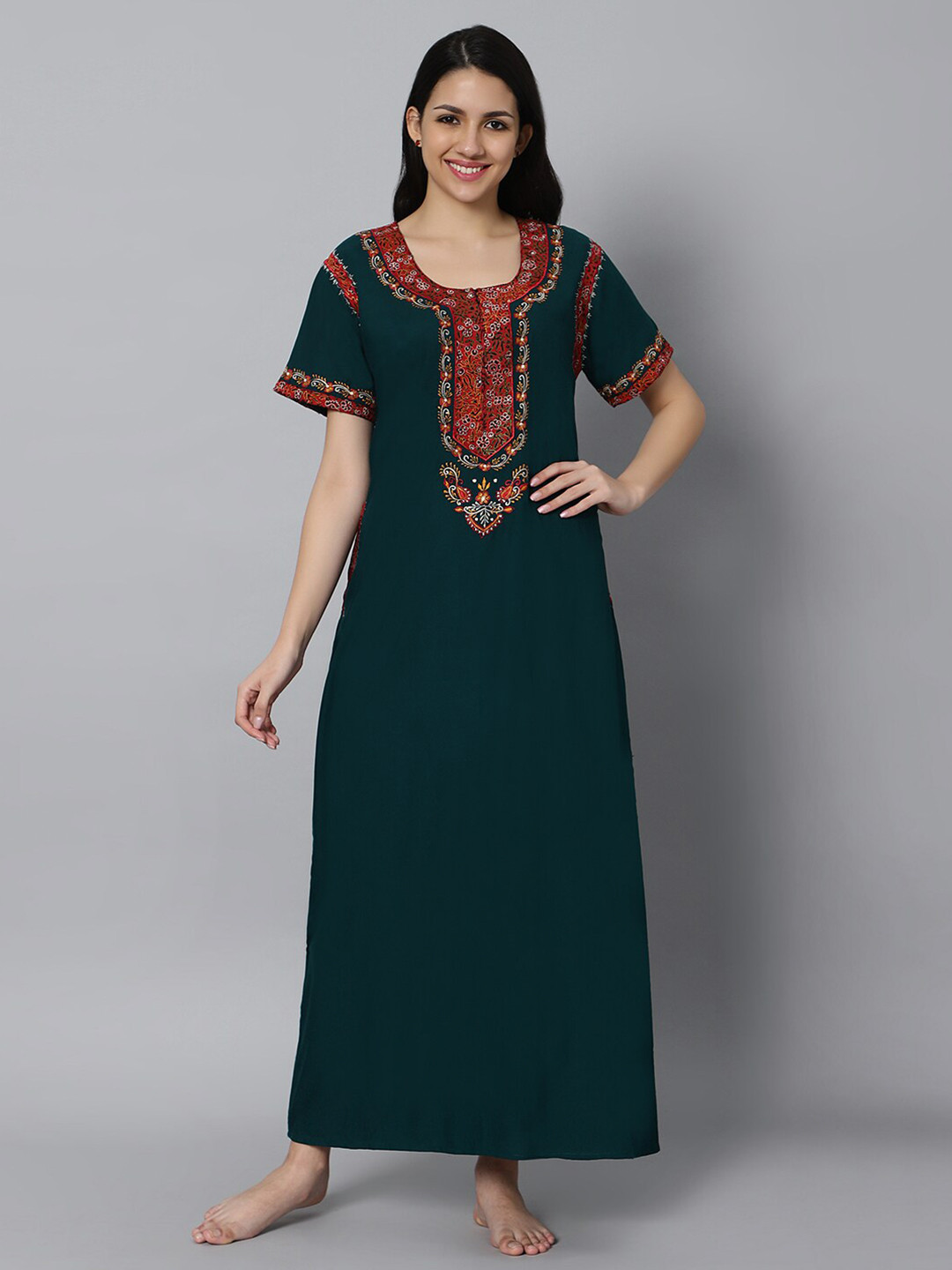

QUIRA Floral Embroidered Maxi Nightdress, Green