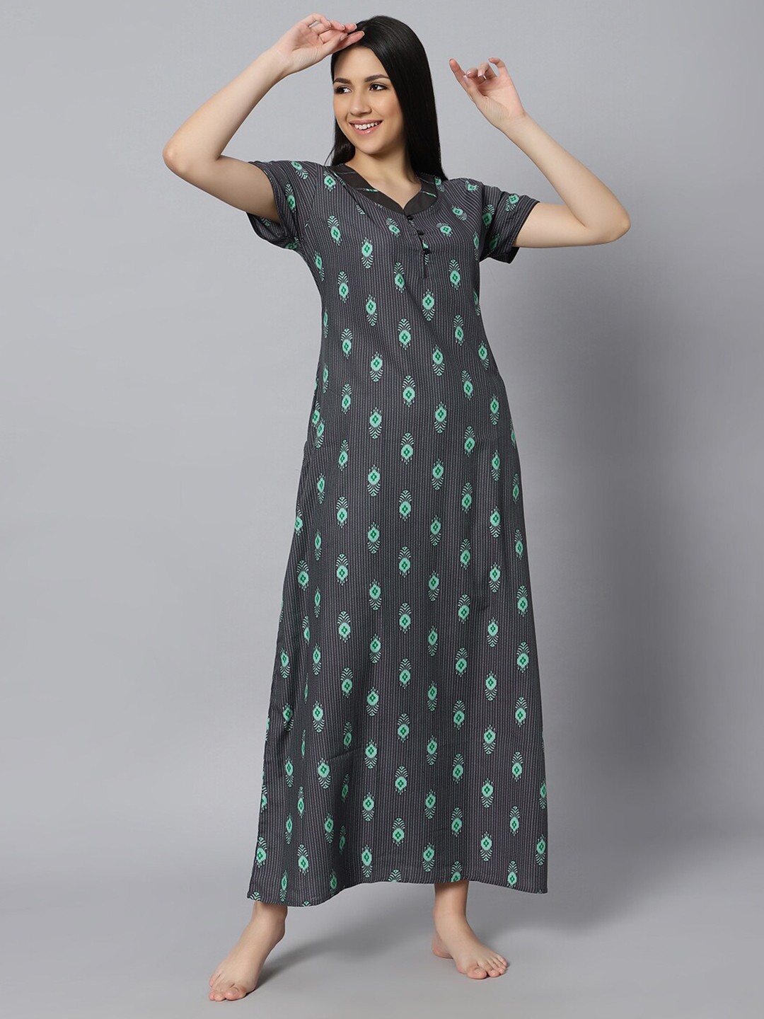 

QUIRA Floral Printed Maxi Nightdress, Charcoal