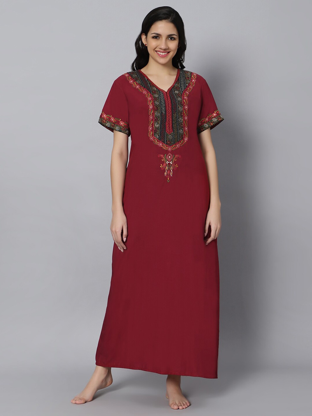 

QUIRA Floral Embroidered Maxi Nightdress, Maroon