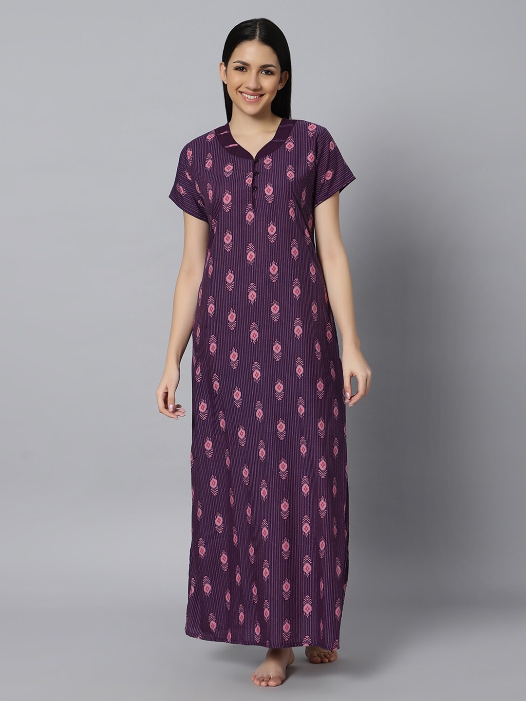 

QUIRA Abstract Printed V-Neck Maxi Nightdress, Purple