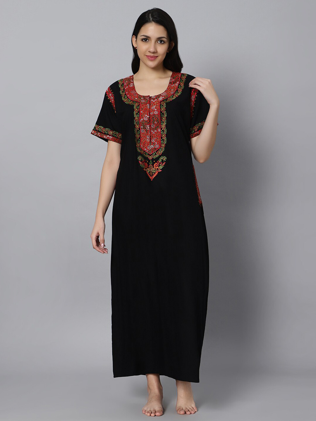 

QUIRA Floral Embroidered Maxi Nightdress, Black