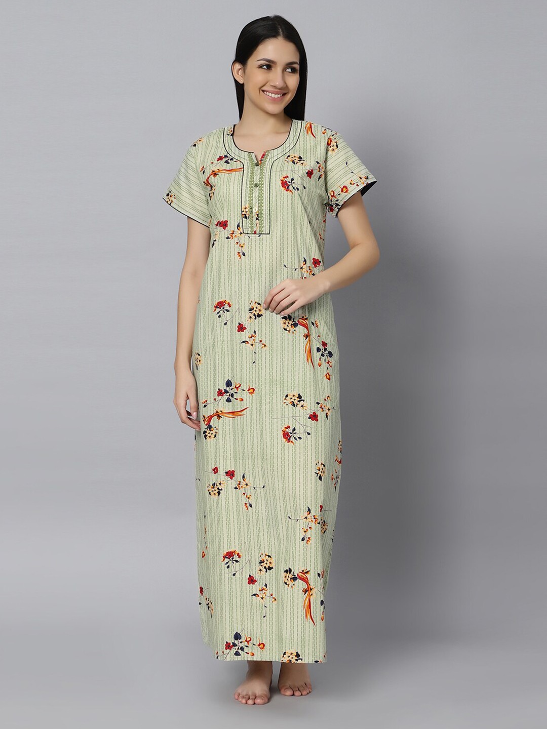 

QUIRA Floral Printed Maxi Nightdress, Green