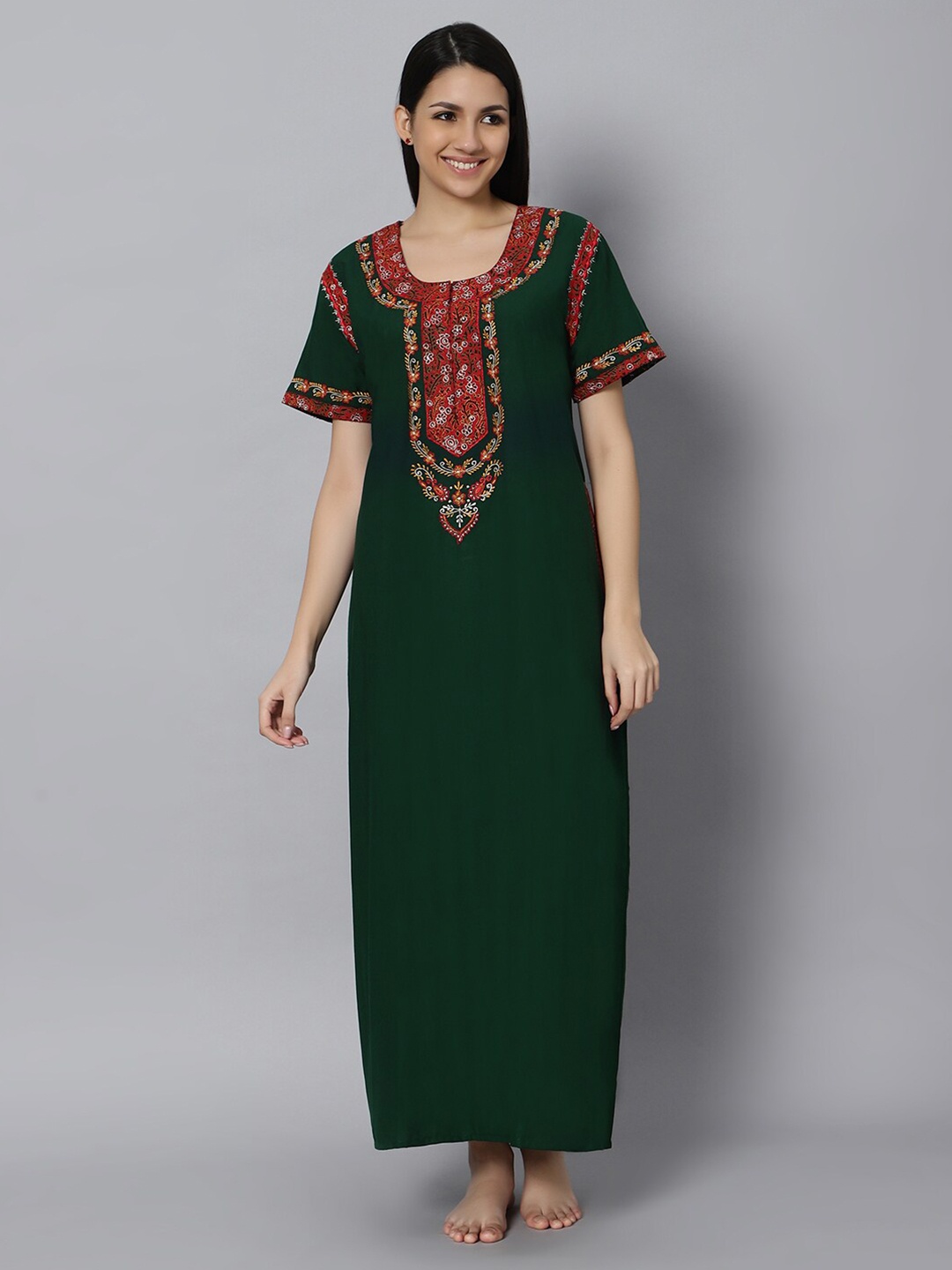 

QUIRA Floral Embroidered Maxi Nightdress, Green