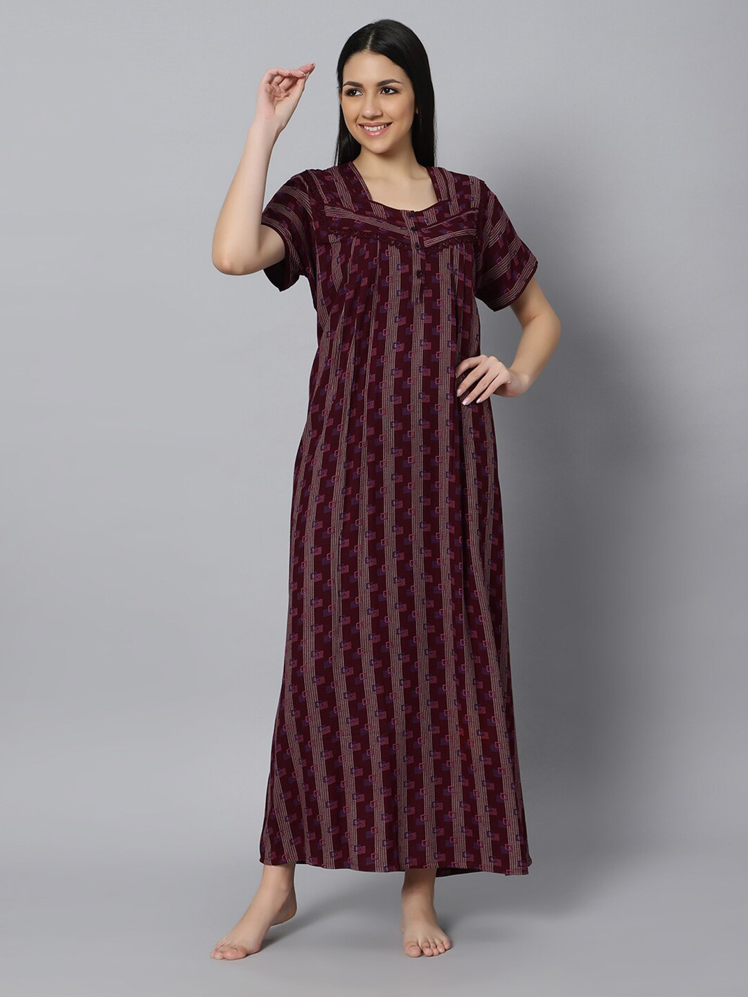 

QUIRA Geometric Printed Maxi Nightdress, Maroon