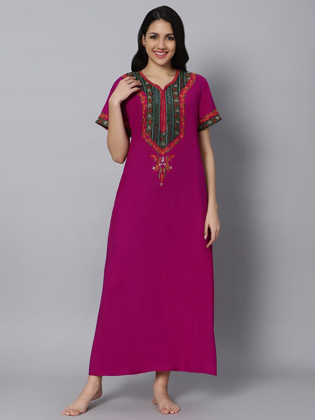 

QUIRA Floral Embroidered Maxi Nightdress, Magenta