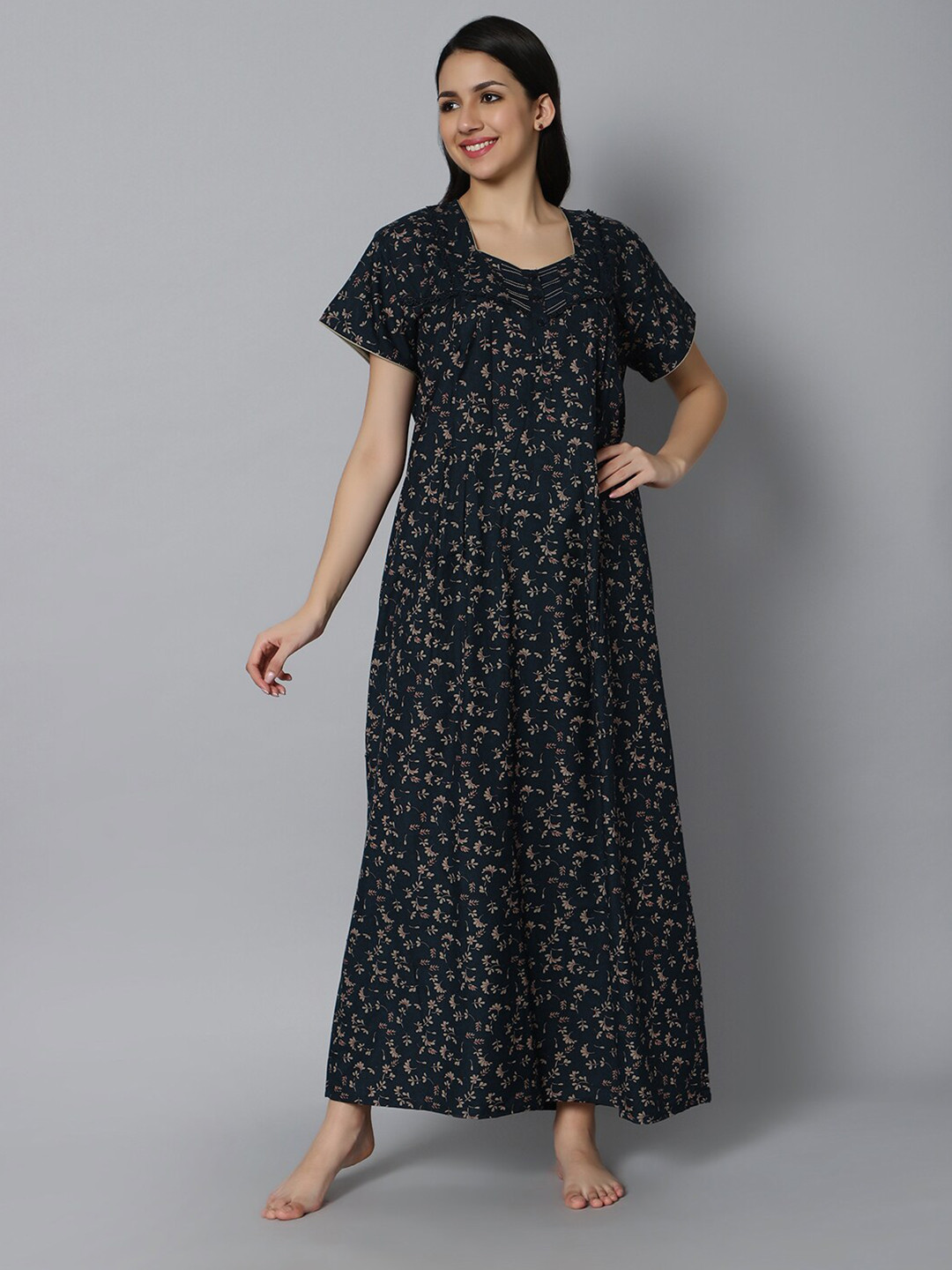 

QUIRA Floral Printed Lace Detail Maxi Nightdress, Navy blue