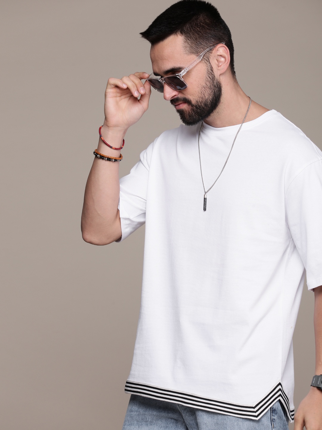 

Roadster Men Drop-Shoulder Sleeves Pure Cotton T-shirt, White