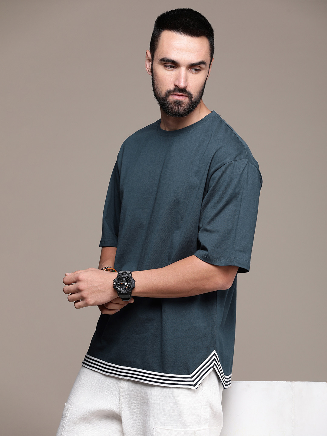 

Roadster Men Drop-Shoulder Sleeves Pure Cotton T-shirt, Teal