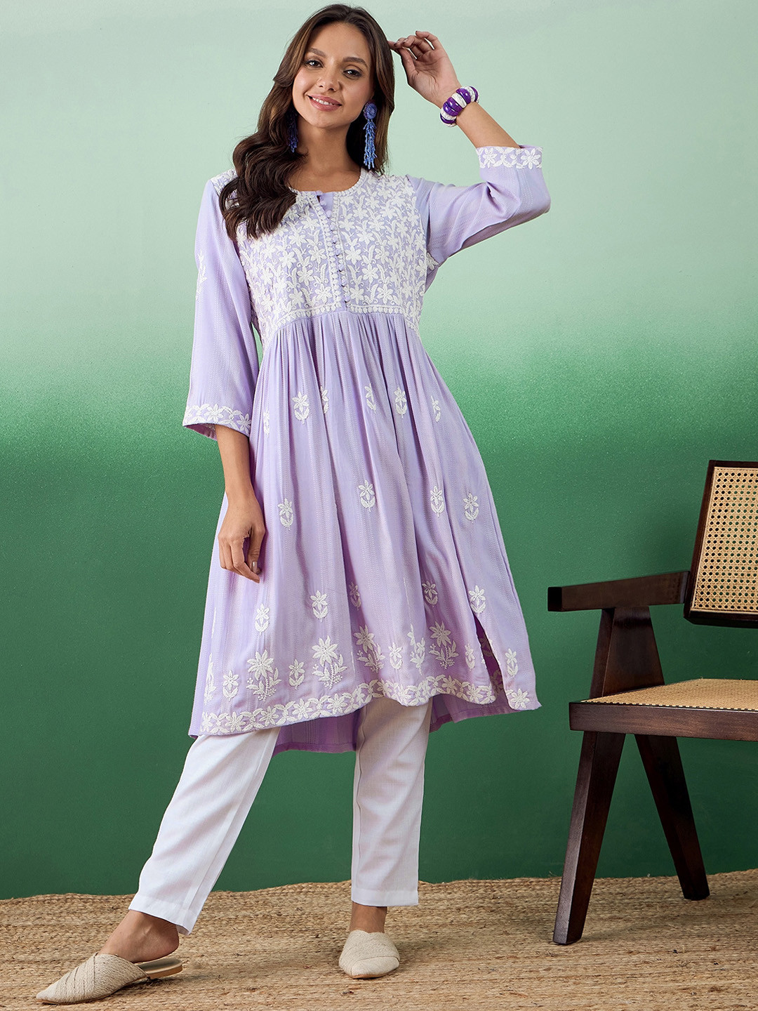

Sangria Floral Embroidered Flared Anarkali Kurta, Purple