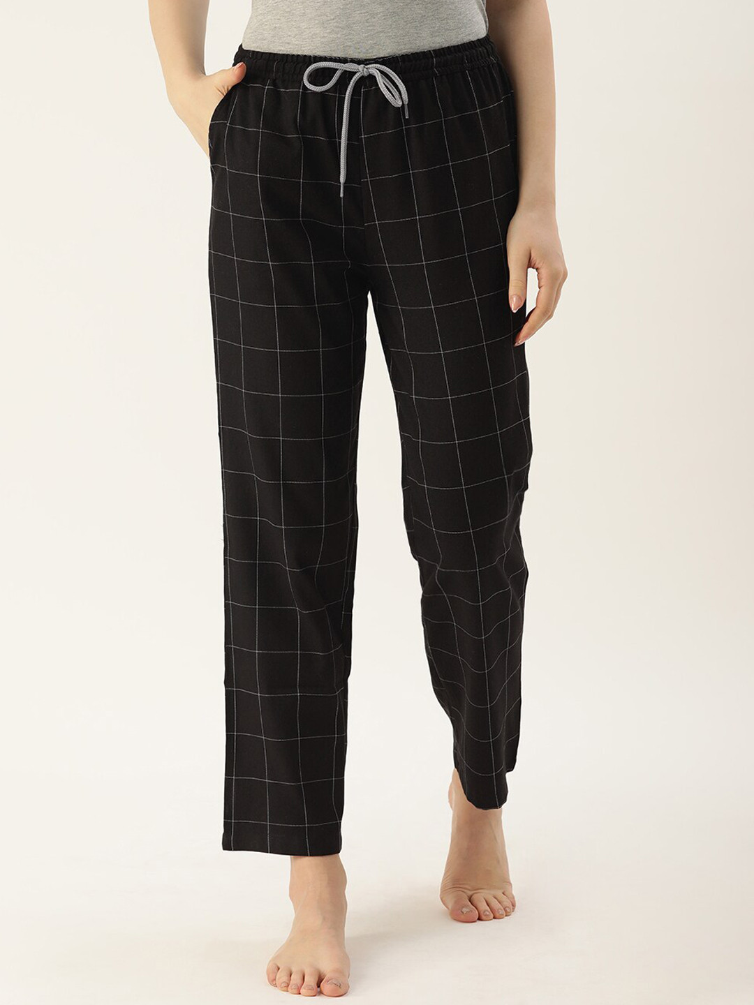 

Kryptic Women Checked Pure Cotton Lounge Pants, Black