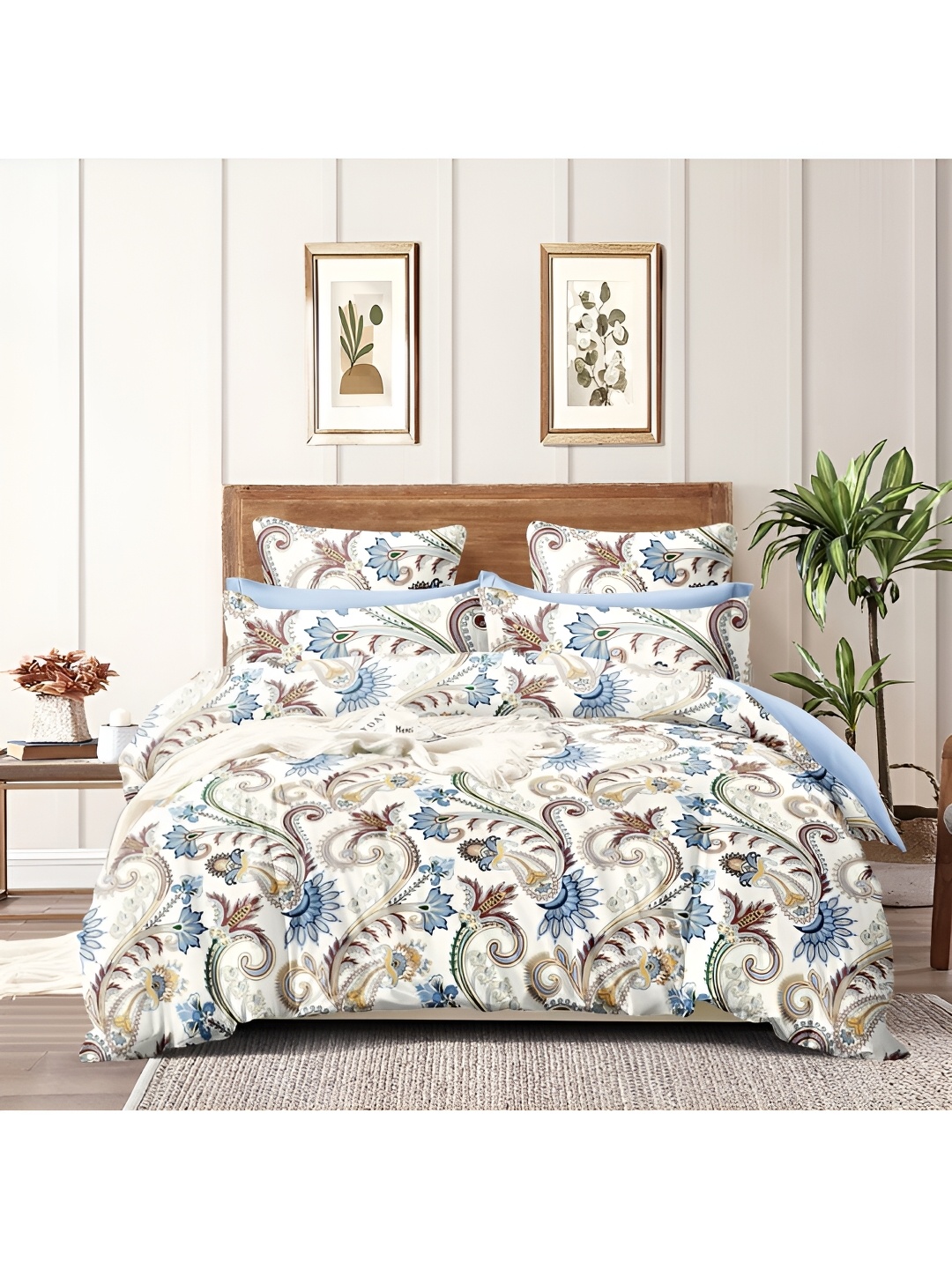 

INDHOME LIFE White Ethnic Motifs 210 TC Cotton Fitted Queen Bedsheet With 2 Pillow Covers