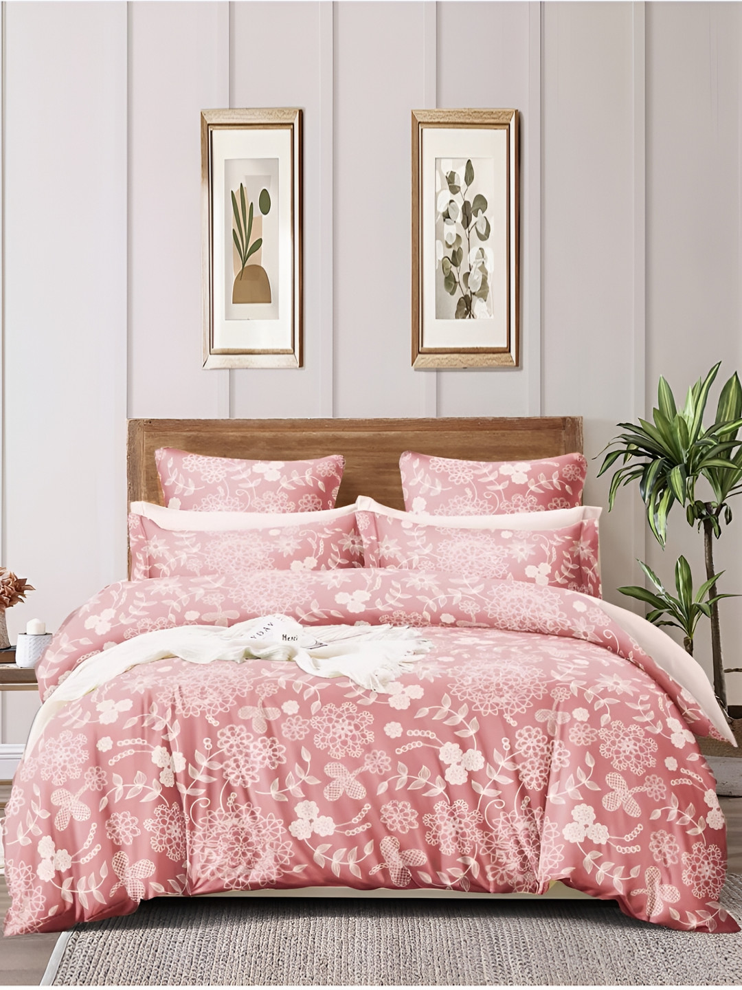 

INDHOME LIFE Pink Floral 210 TC Cotton Fitted Queen Bedsheet With 2 Pillow Covers
