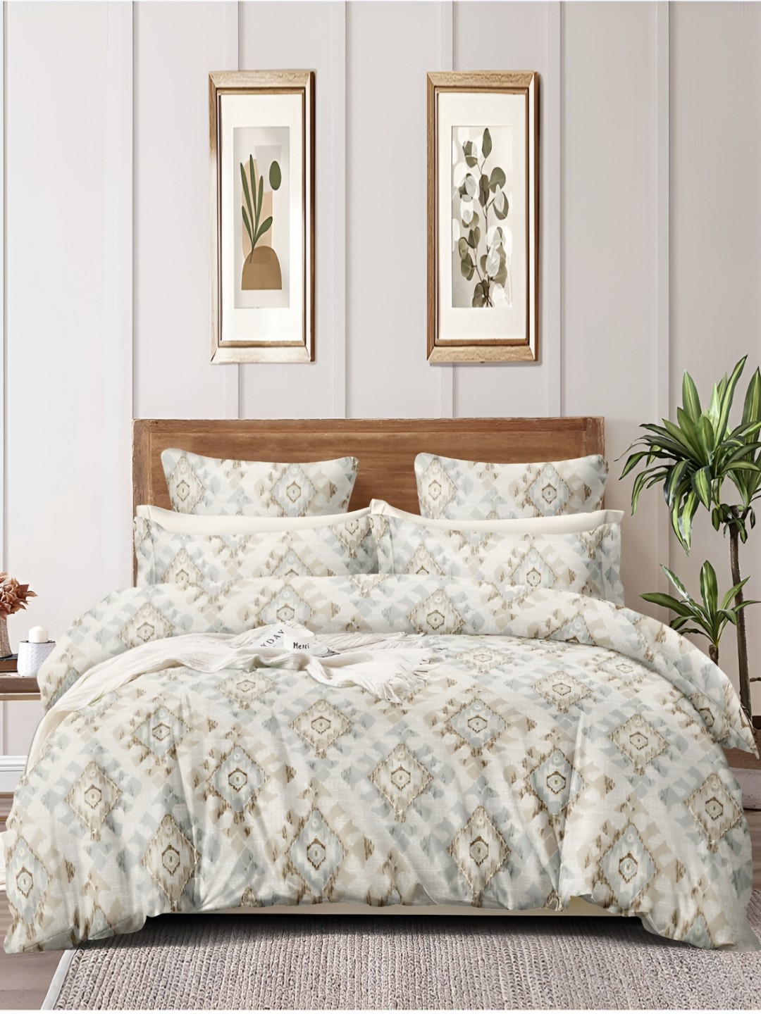 

INDHOME LIFE Grey Geometric 210 TC Cotton Fitted Queen Bedsheet With 2 Pillow Covers